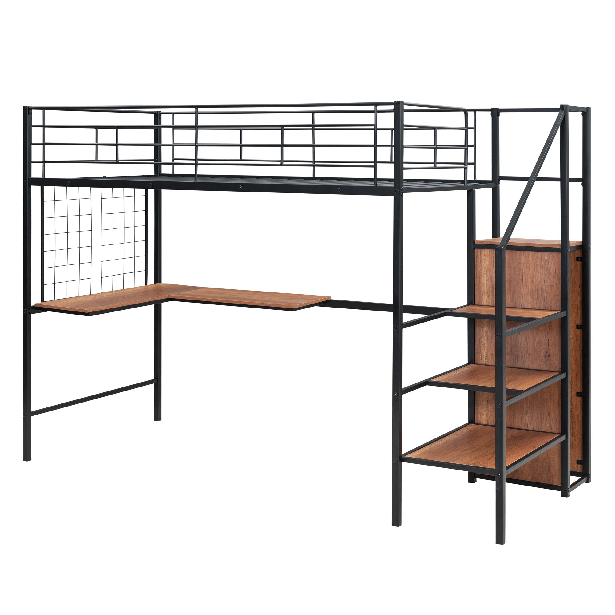 Loft Bed With Desk And Grid, Stylish Frame With Lateral Storage Ladder And Wardrobe