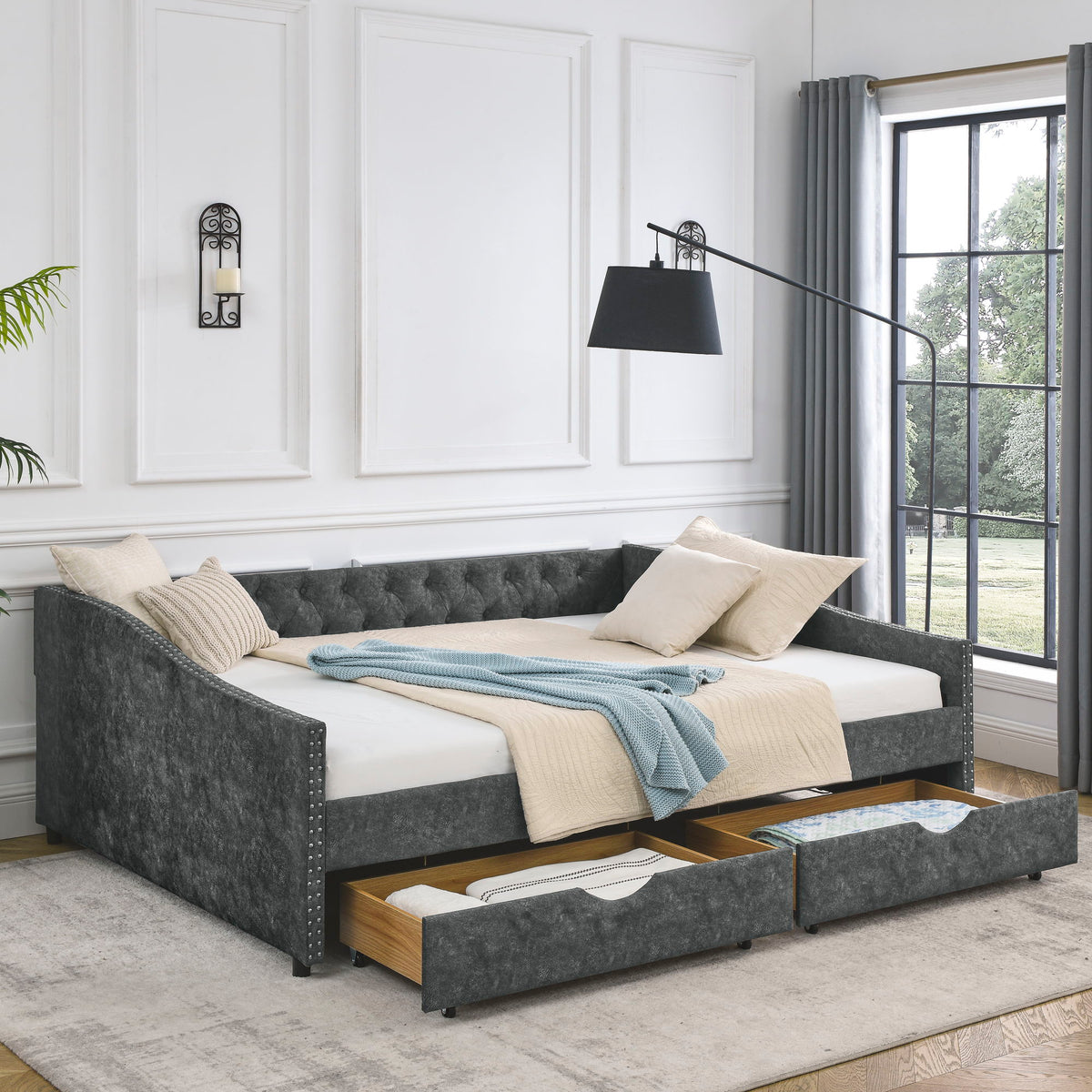 Queen Size Upholstered Daybed With Tufted Back And Nail Trimmed Waved Arms - Gray