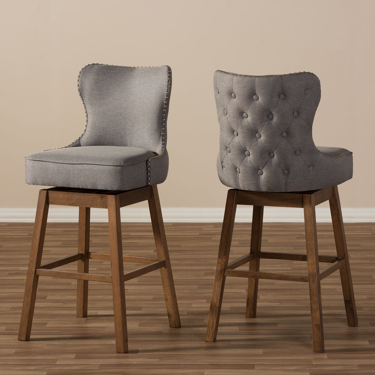 Gradisca Modern and Contemporary Brown Wood Finishing and Grey Fabric Button-Tufted Upholstered 2-Piece Swivel Barstool Set