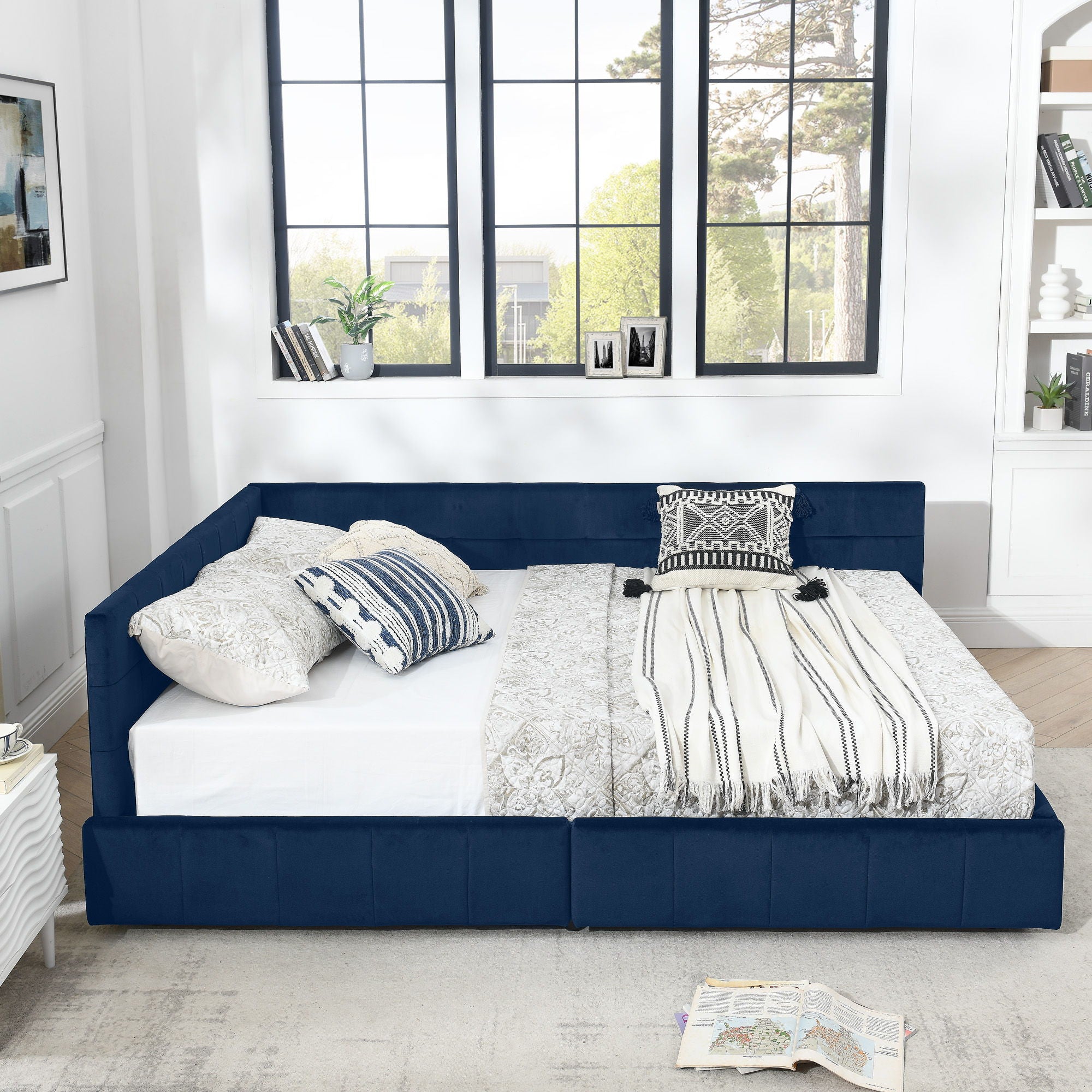 Upholstered Bed Frame With Tufted Backrest And Armrests