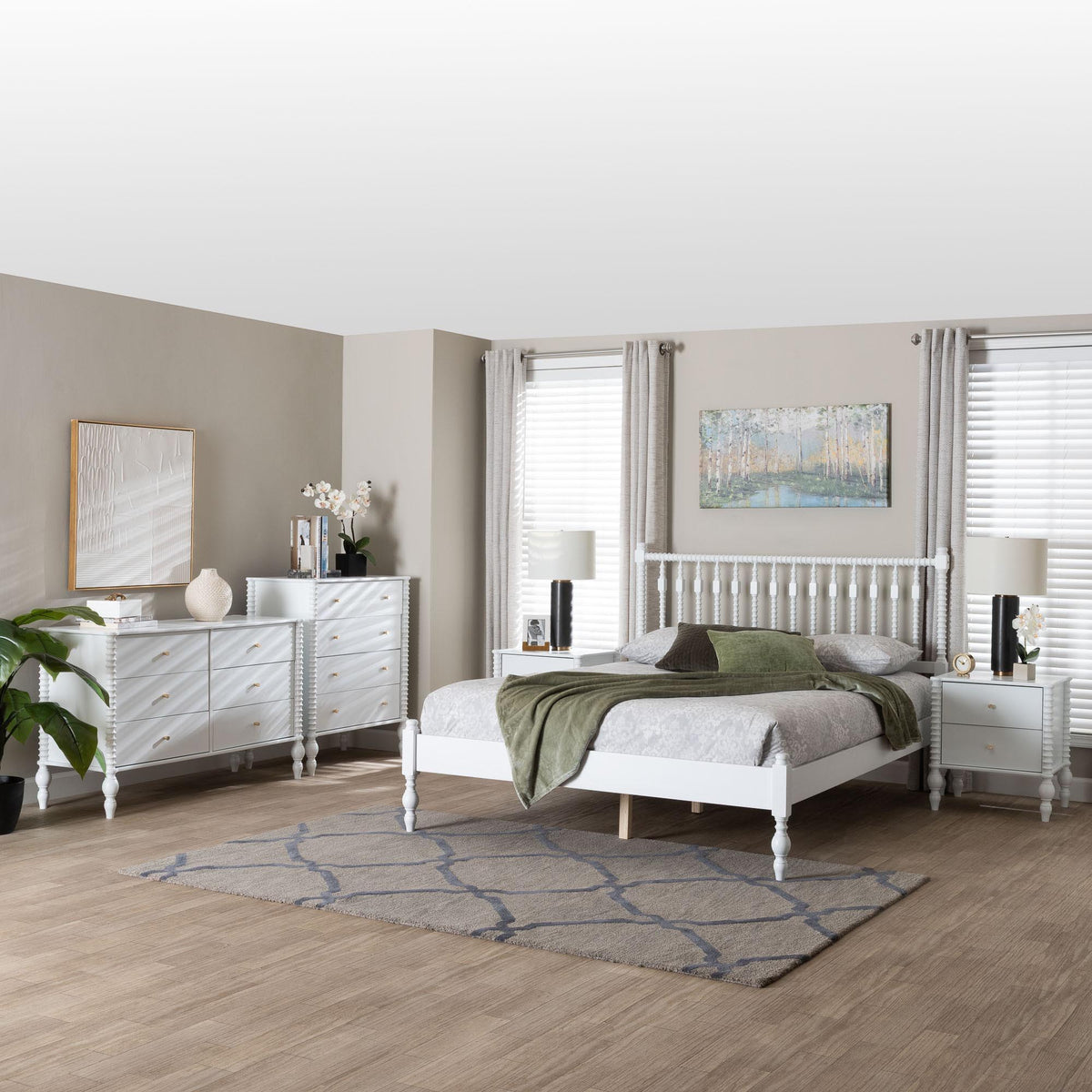 Callison Spindle 5-Piece Bedroom Set - Farmhouse Platform Bed with Matching Dresser, Chest, and 2-Drawer Nightstands, White, Full