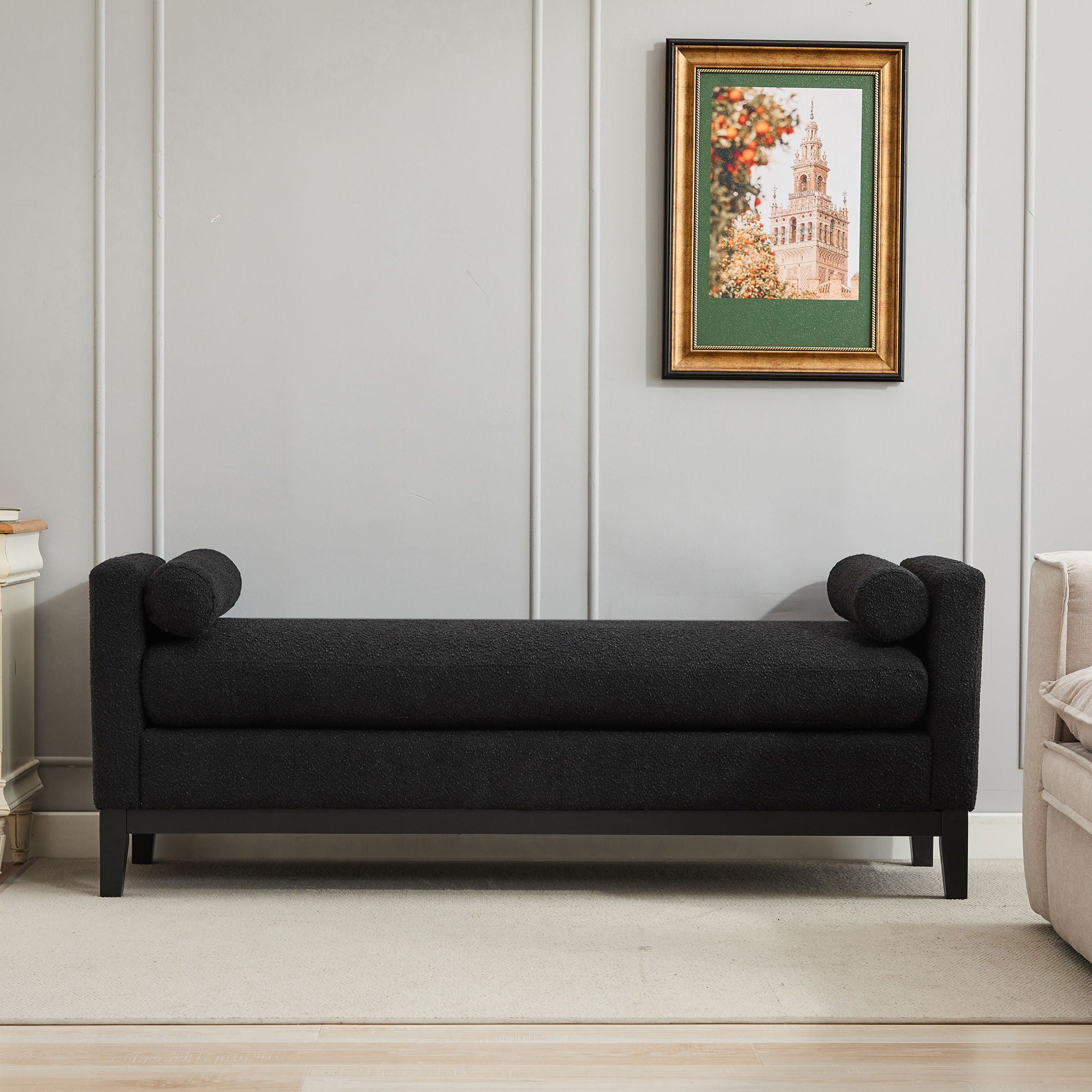 Elegant Upholstered Bench, Daybed, Ottoman With Wood Legs & 2 Bolster Pillows - Black Boucle