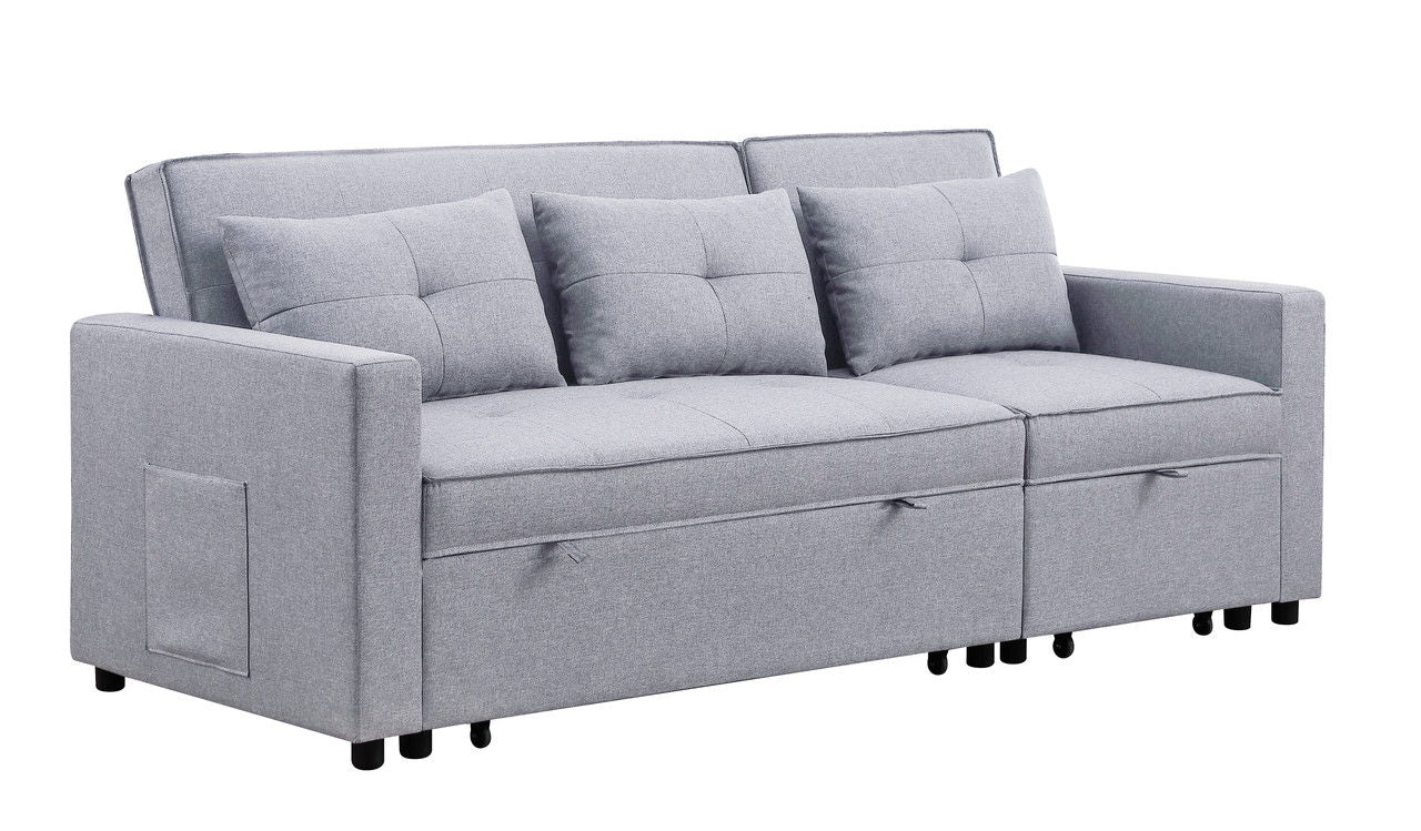 Zoey 79.75"W Light Gray Linen Convertible Sleeper Sofa with Side Pocket