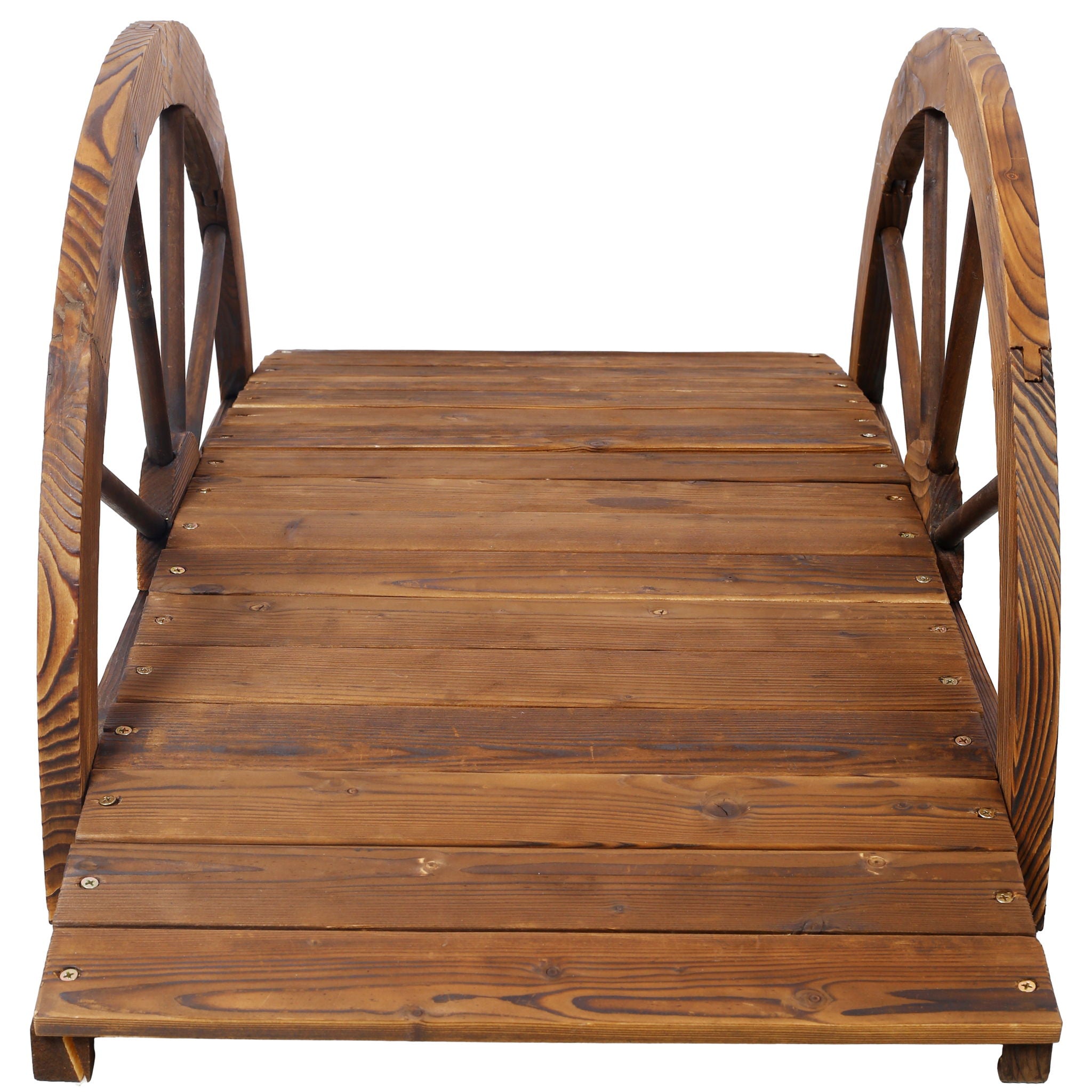 Wooden Garden Bridge Arc Footbridge With Half Wheel Railings Solid Fi - Brown