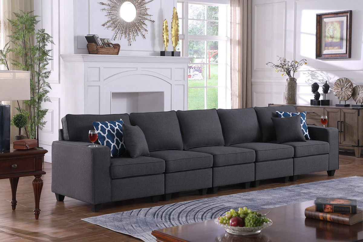 Cooper 145.5"W Dark Gray Linen 5-Seater Sofa with Cupholder