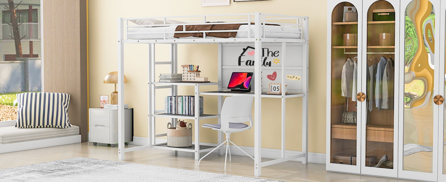 Metal Loft Bed With Desk, 3 Shelves And Ladder