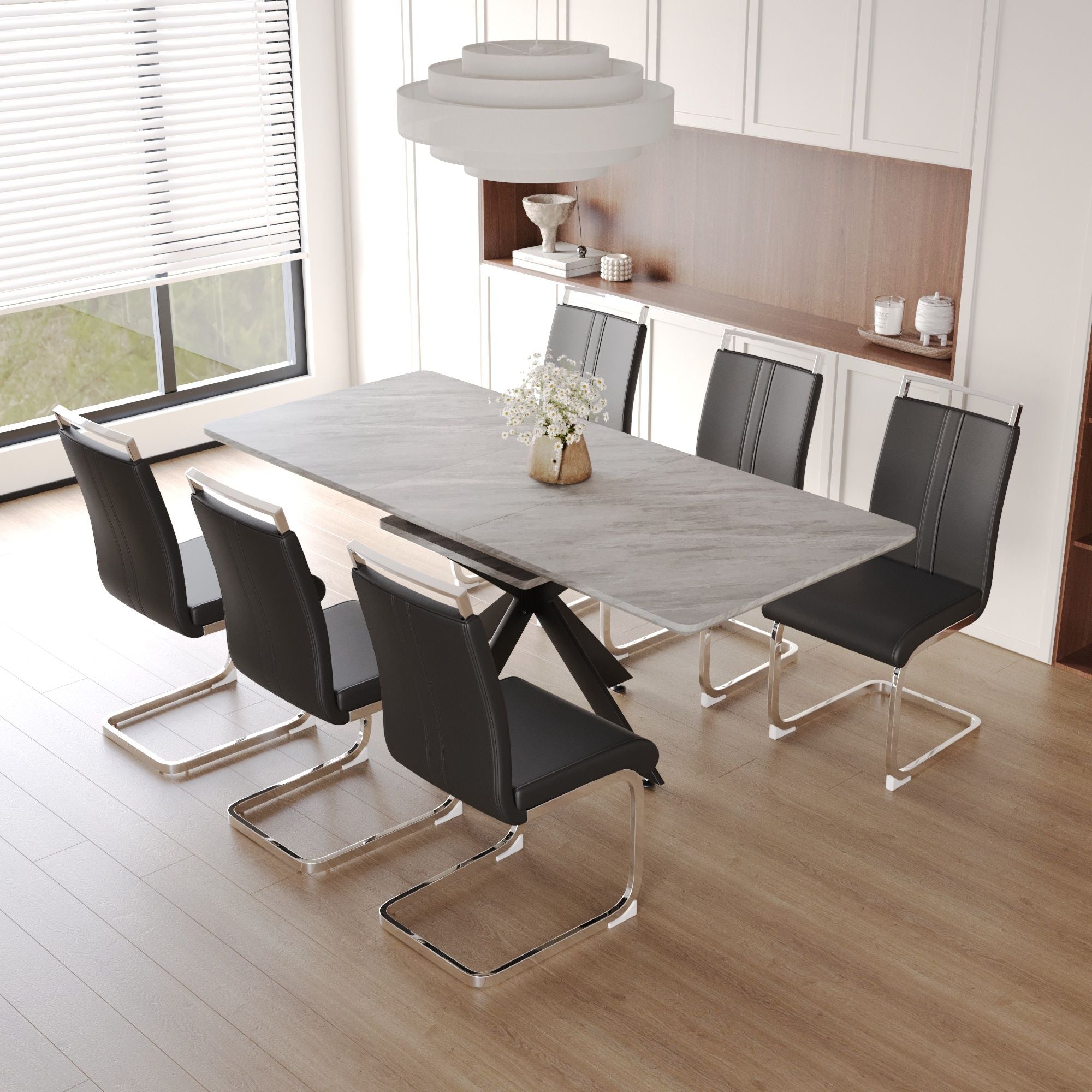 Modern Extendable Dining Table Set For 6 - 8 - Black / Gray