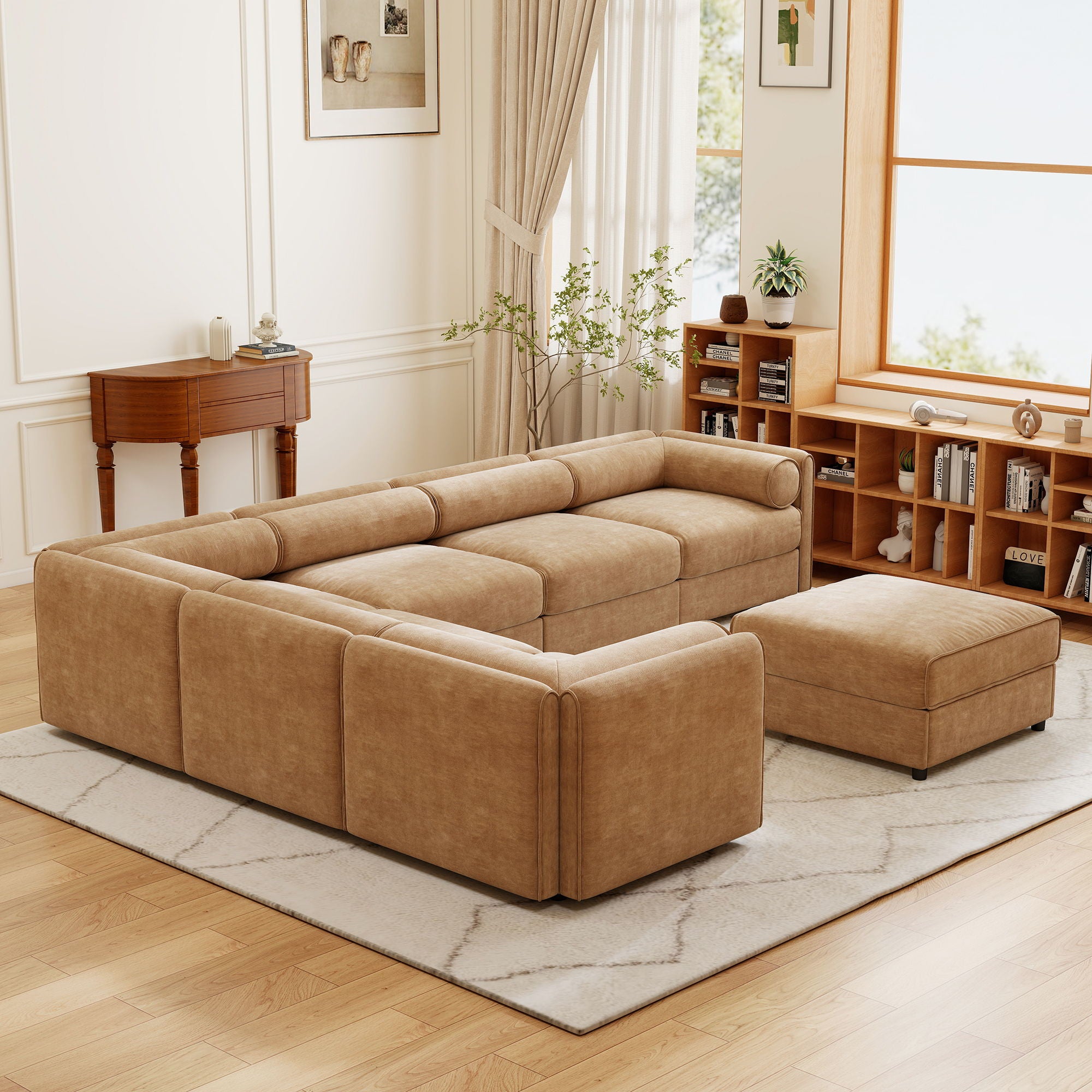 Contemporary Elegant White Chenille Sofa With Storage And Ottoman
