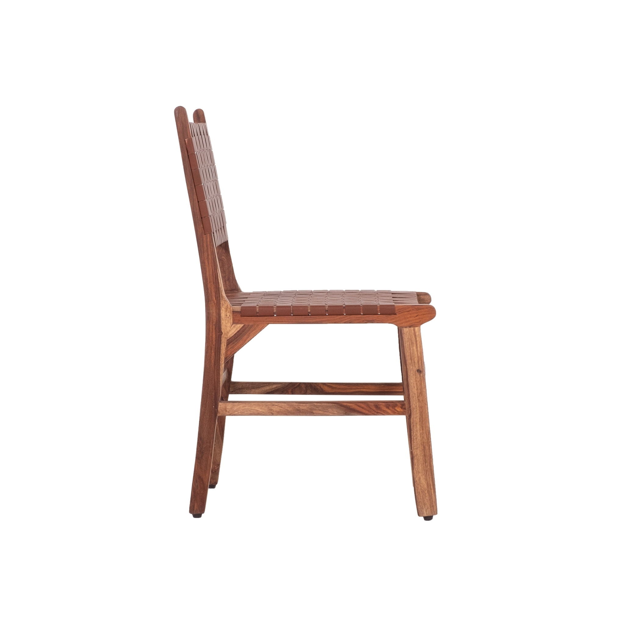 Rustic Wooden Dining Chair (Set of 2) With Genuine Leather Woven Upholstery - Brown