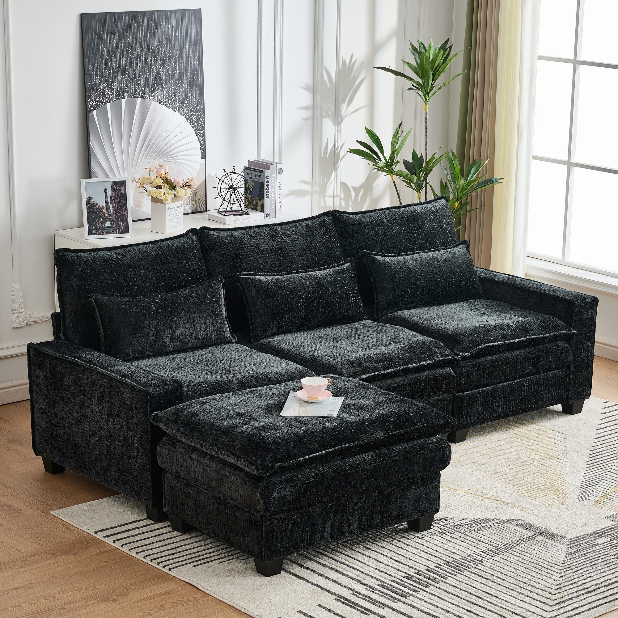 Modern Comfy Chenille L Shaped Sectional Sofa With Movable Ottoman