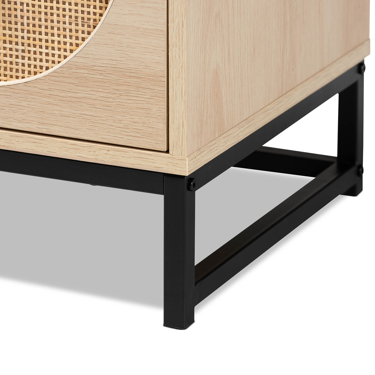 Ardon Bohemian Light Brown Finished Wood and Black Metal 2-Drawer End Table with Natural Rattan