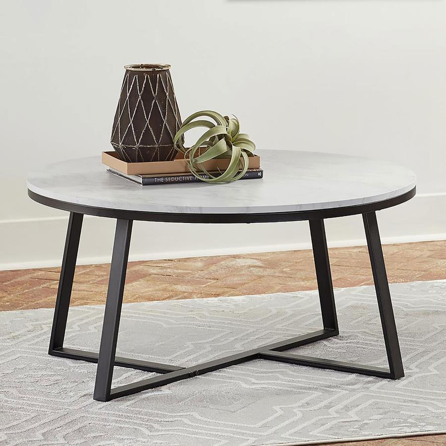 Coaster Fine Furniture Hugo - Round Faux Marble Coffee Table - White And Matte Black | Meri Furniture