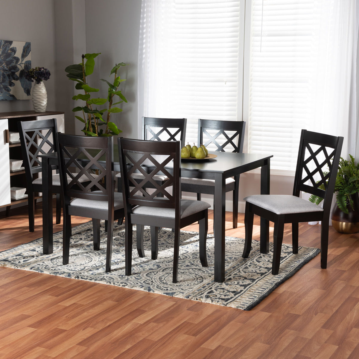 Verner Modern and Contemporary Grey Fabric Upholstered and Dark Brown Finished Wood  7-Piece Dining Set