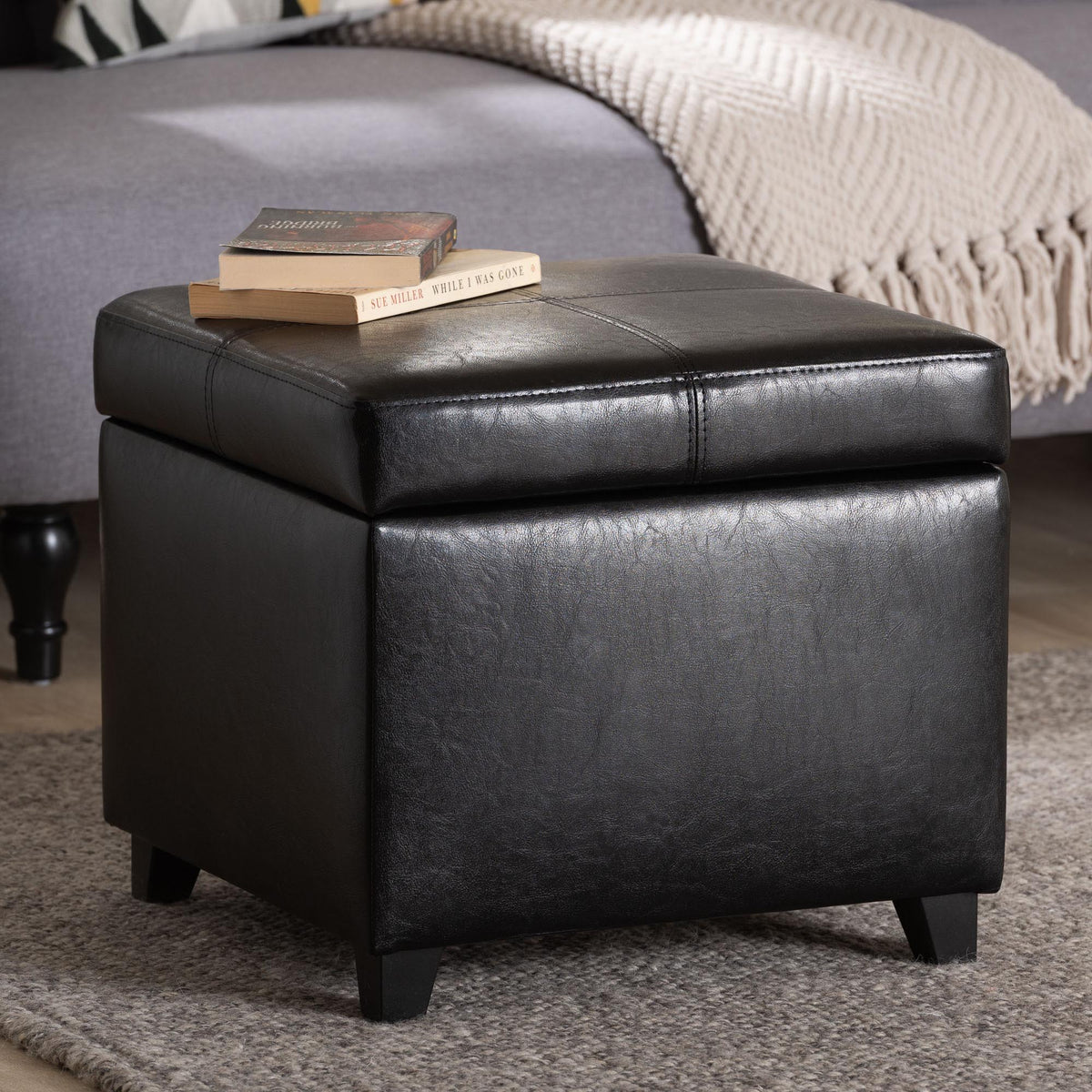 Black Full Leather Storage Cube Ottoman
