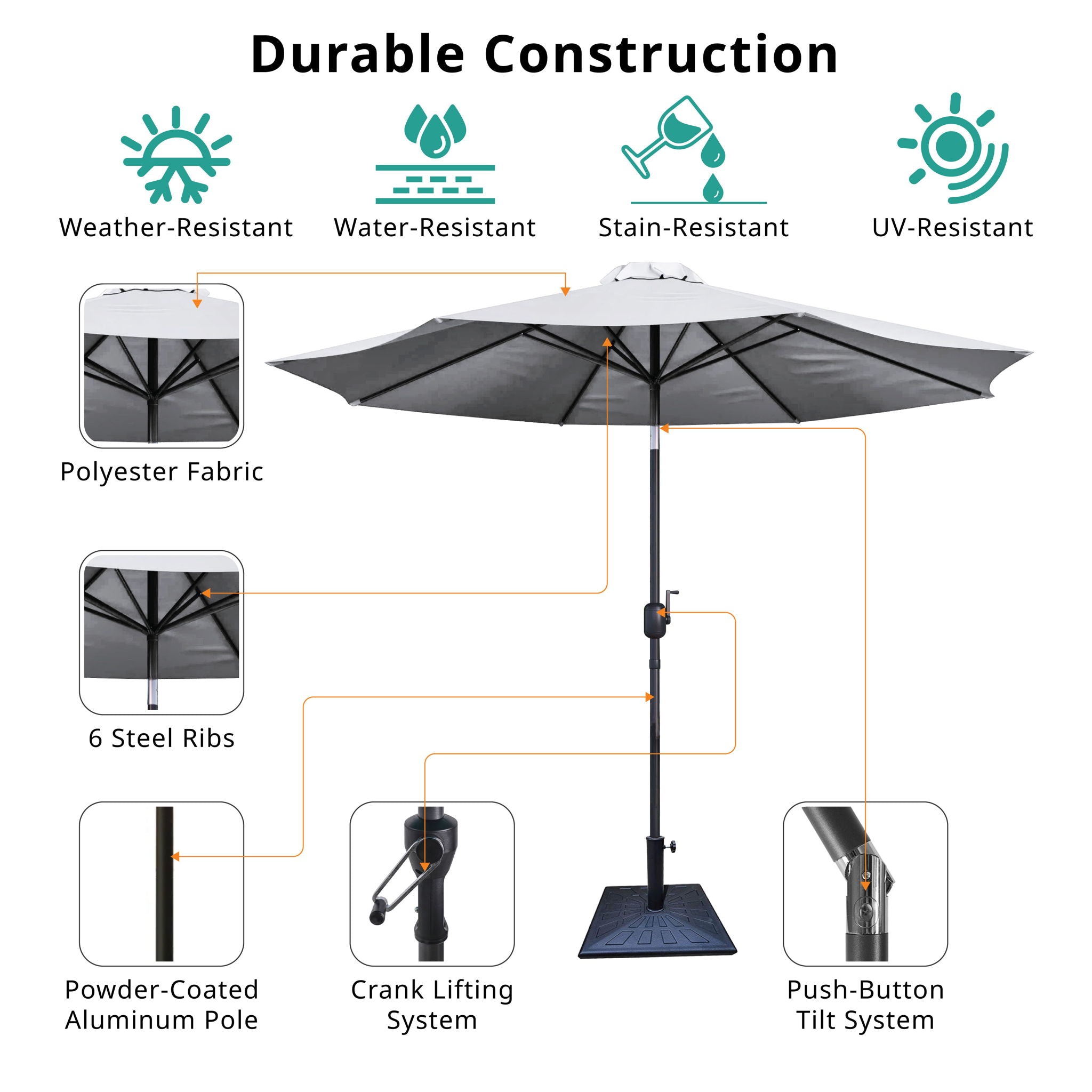 8.8' Outdoor Aluminum Patio Umbrella With 42 Pound Square Resin Umbrella Base