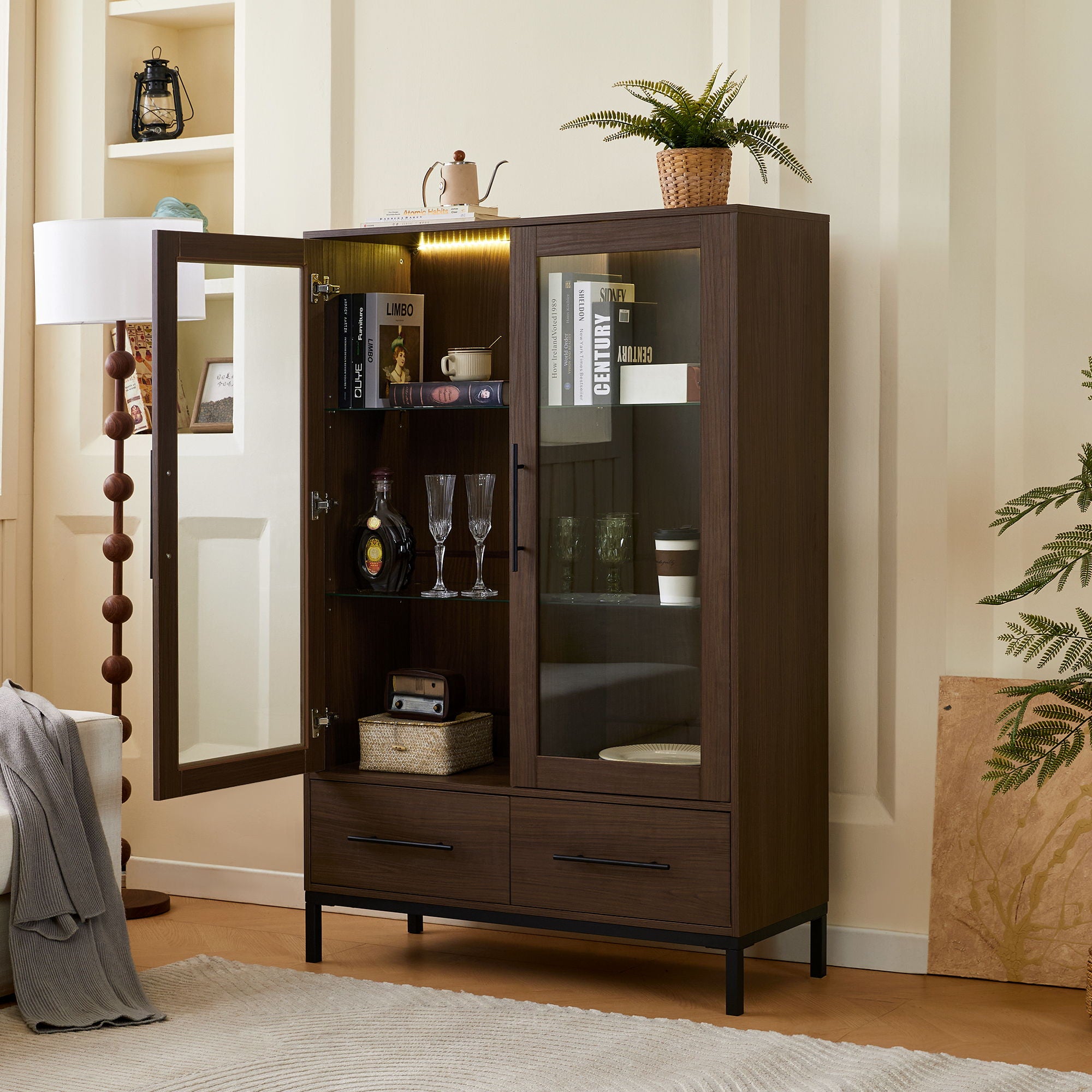 Modern Style Tall Display Cabinet With LED Lighting, Tempered Glass Door, 2 Drawers