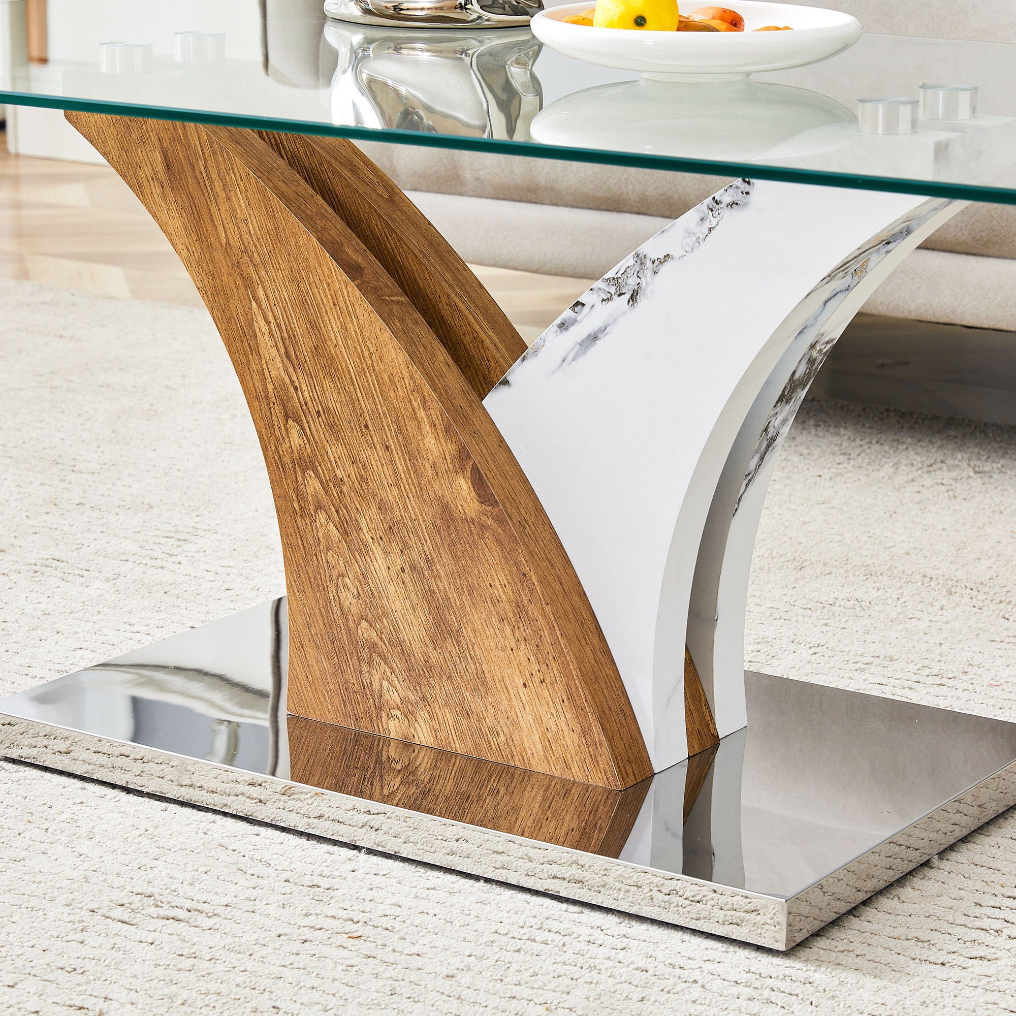 Artistic Rectangular Coffee Table With Tempered Glass Countertop