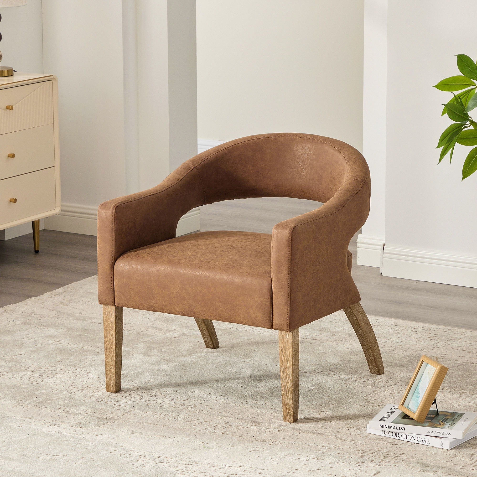 Upholstered Open Back Armchair With Weathered Rubberwood Legs