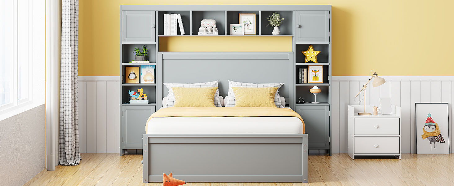 Bed With All In One Cabinet, Shelf And Sockets, Trundle