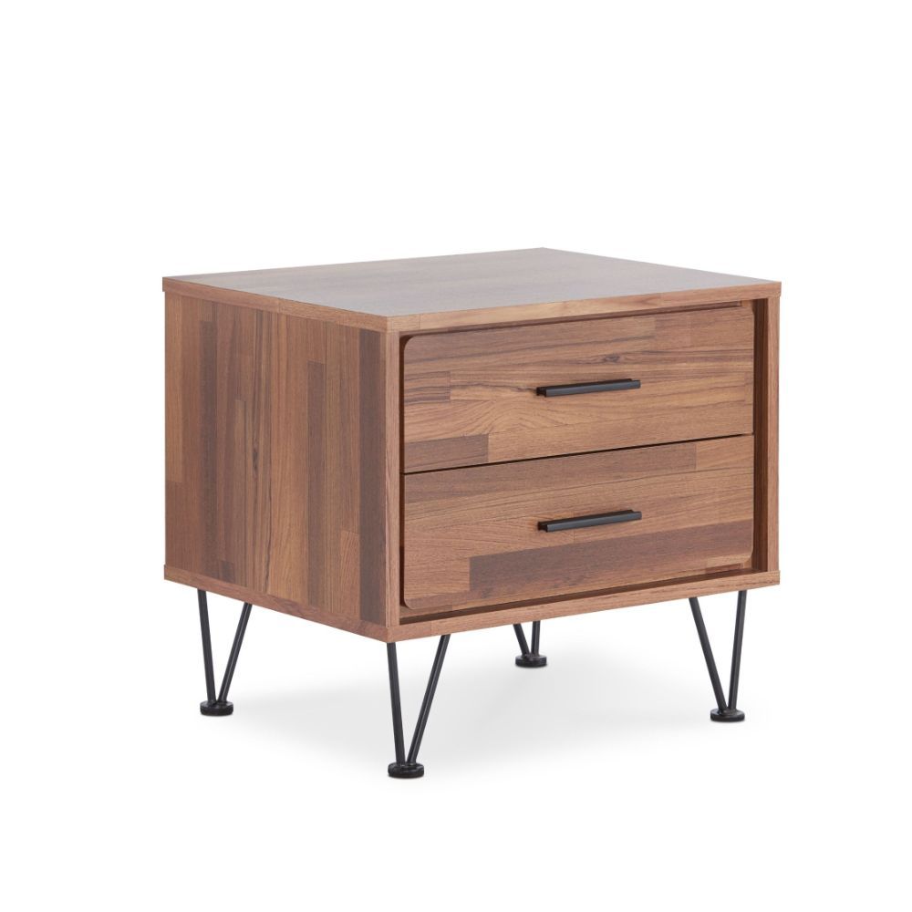 ACME Featuring a unique leg design, the Deoss night stand is functional as an end table too. The mixture of natural walnut and metal hardware and leg adds a lot of style to this 2 drawer night stand. It will be the great additional to your bedroom. | Meri