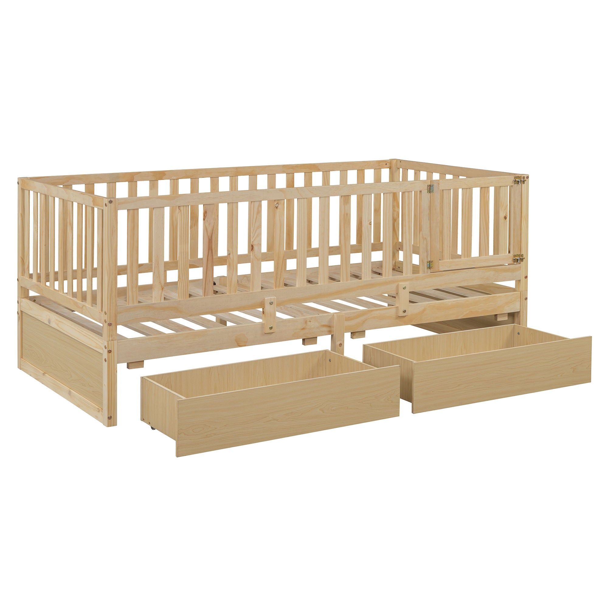 Daybed With Fence Guardrails And 2 Drawers, Split Into Independent Floor Bed & Daybed