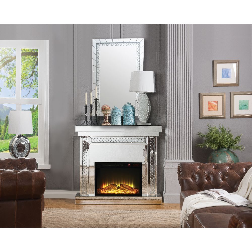 ACME Nysa - Fireplace - Mirrored & Faux Crystals - 42" | Meri Furniture