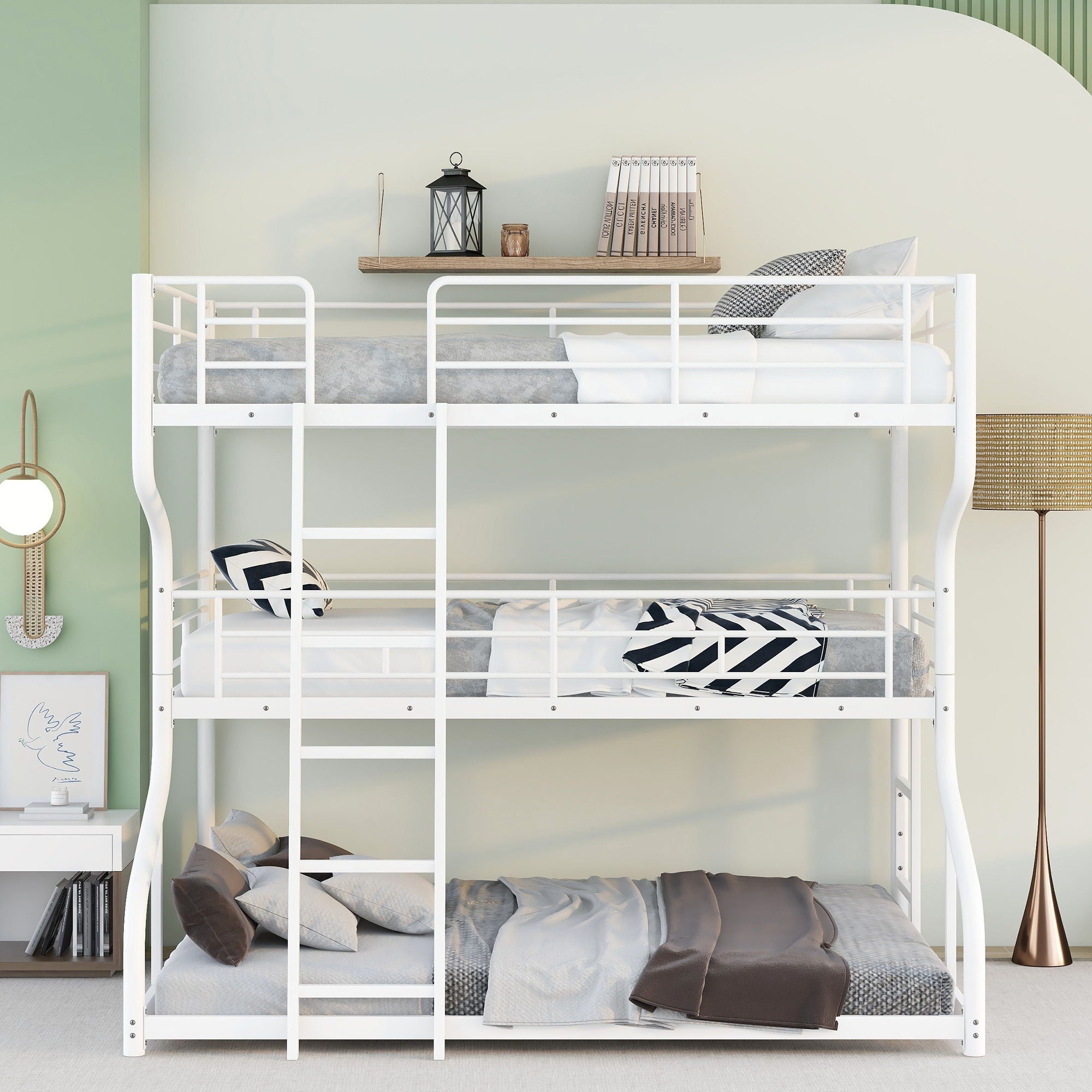 Industrial Triple Bunk Bed With Dual Ladders Frame, Space Saving Design