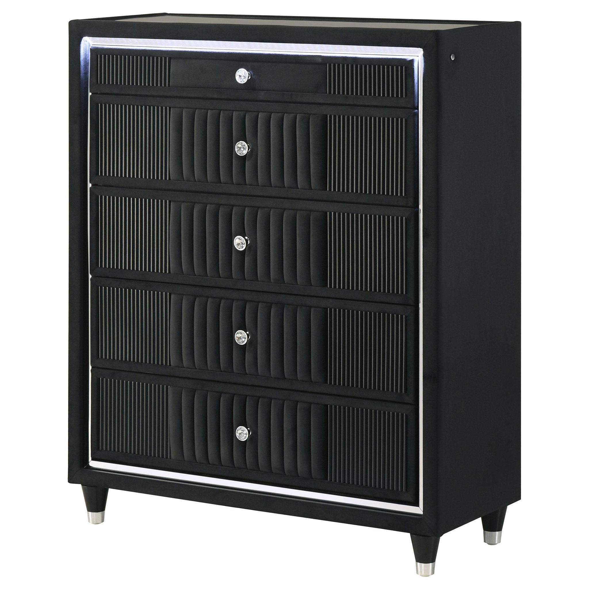 Ravenne 5-drawer Velvet Upholstered LED Chest of Drawers Black