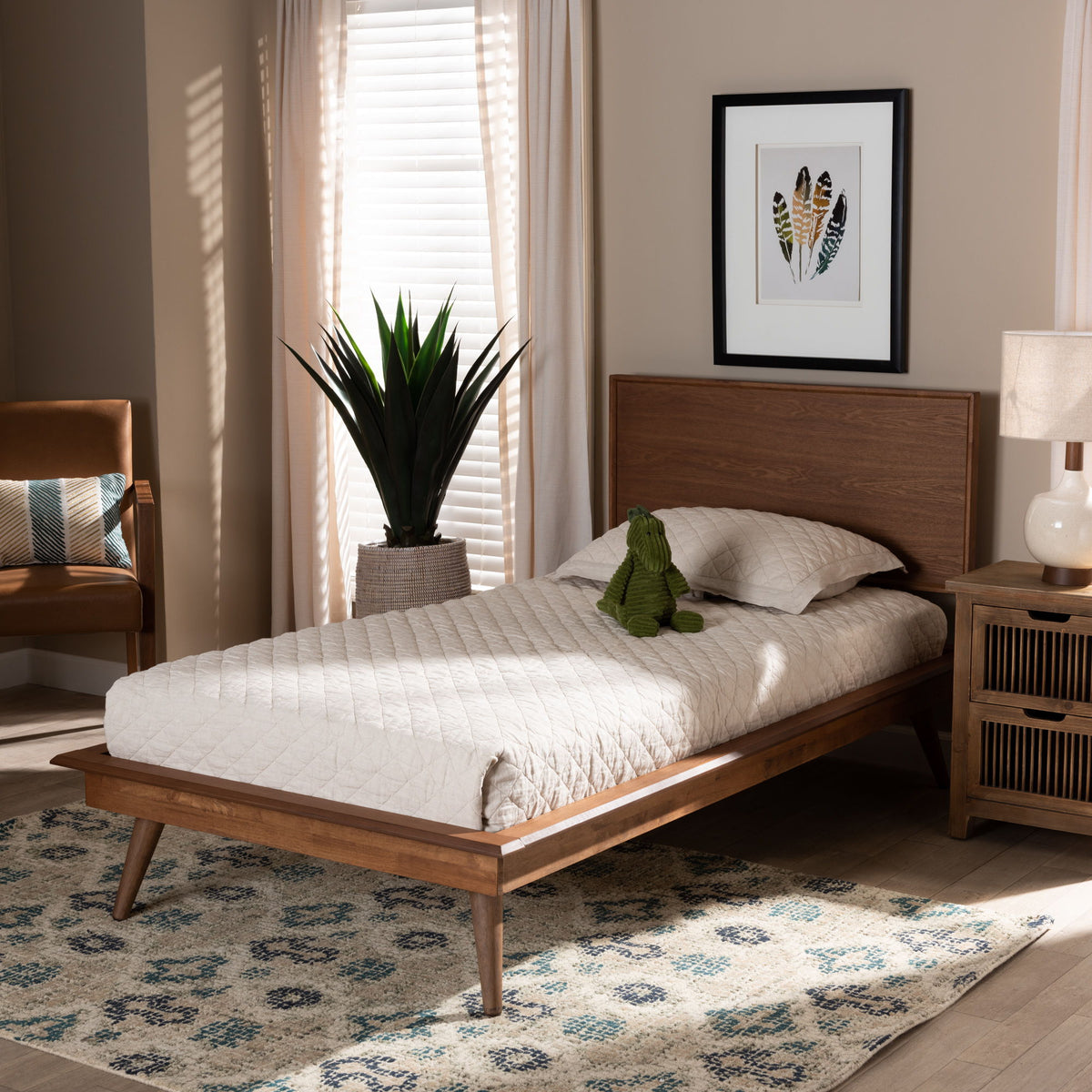 Karine Mid-Century Modern Walnut Brown Finished Wood Twin Size Platform Bed