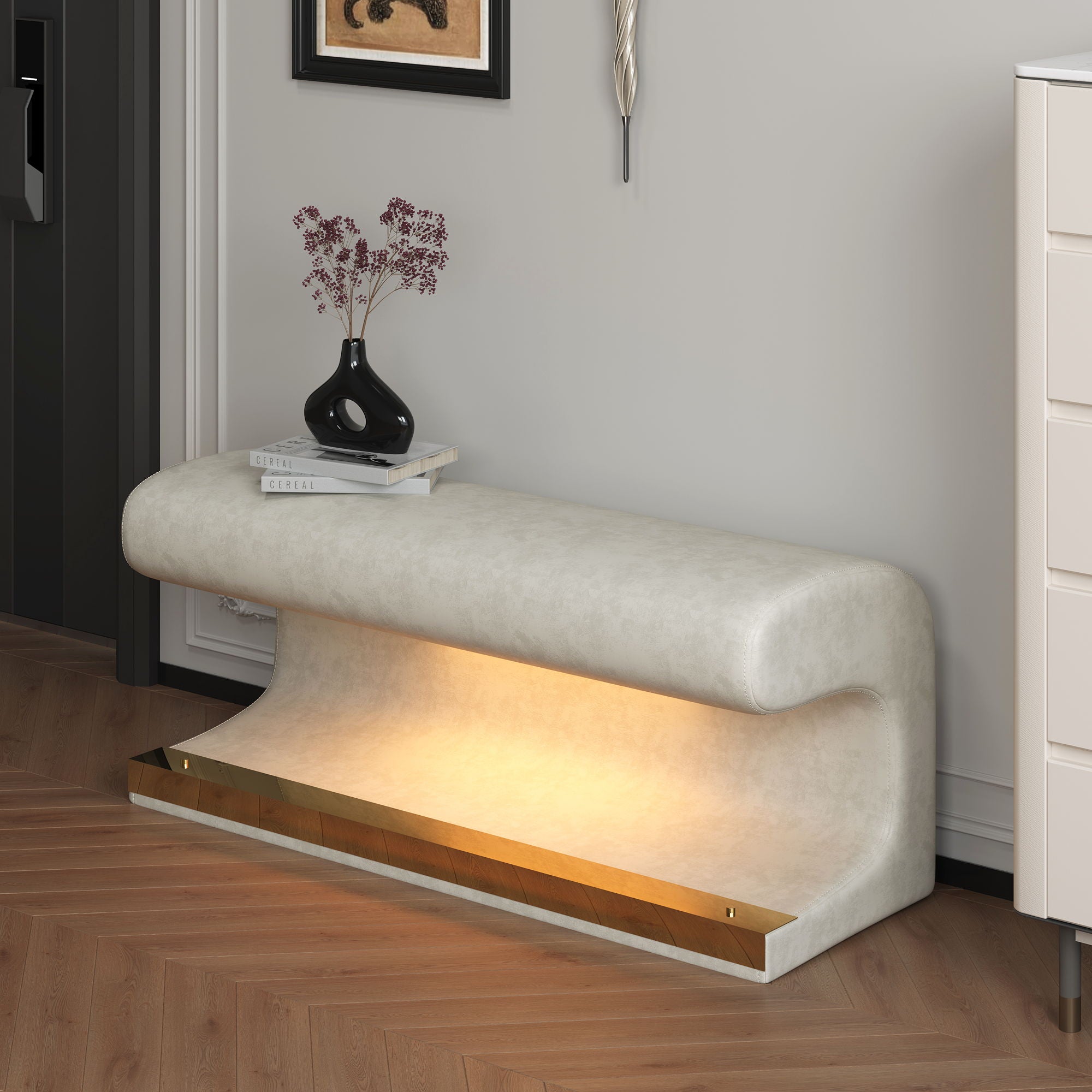 Modern Upholstered Entryway Bench With LED Sensor Light
