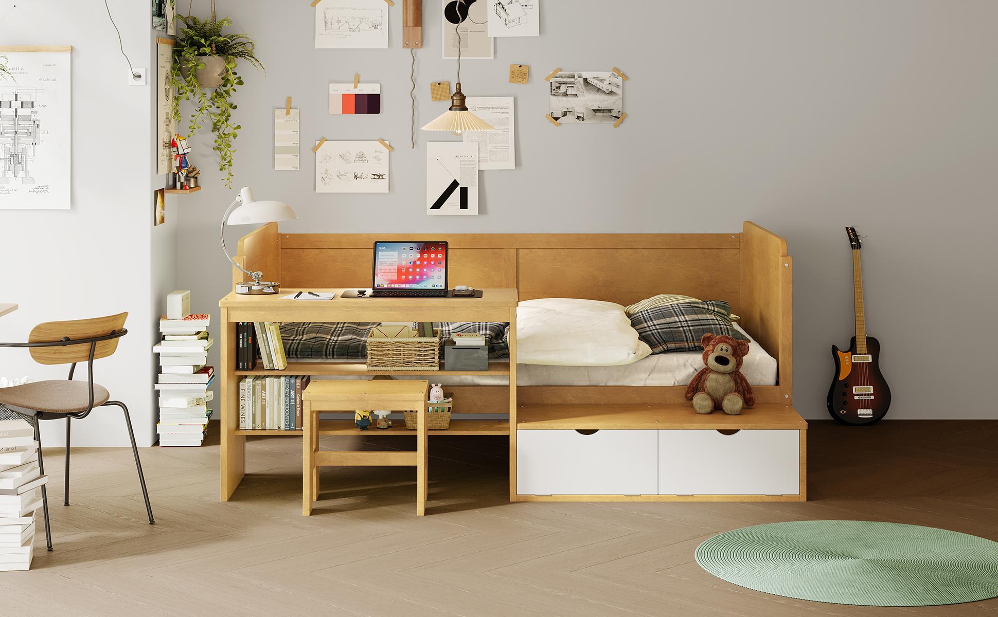 Daybed With Storage Shelves And Lockers, Multi Functional Bed With Study Desk And Matching Stool