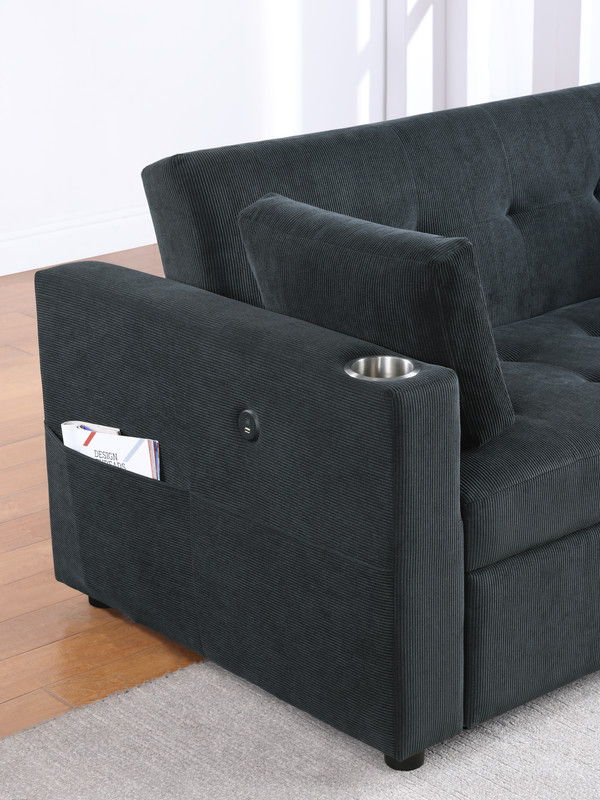 Luelle 57"W Black Corduroy Convertible Sleeper Loveseat with Cupholders, USB Ports, Magazine Pockets, Pillows, Tufting