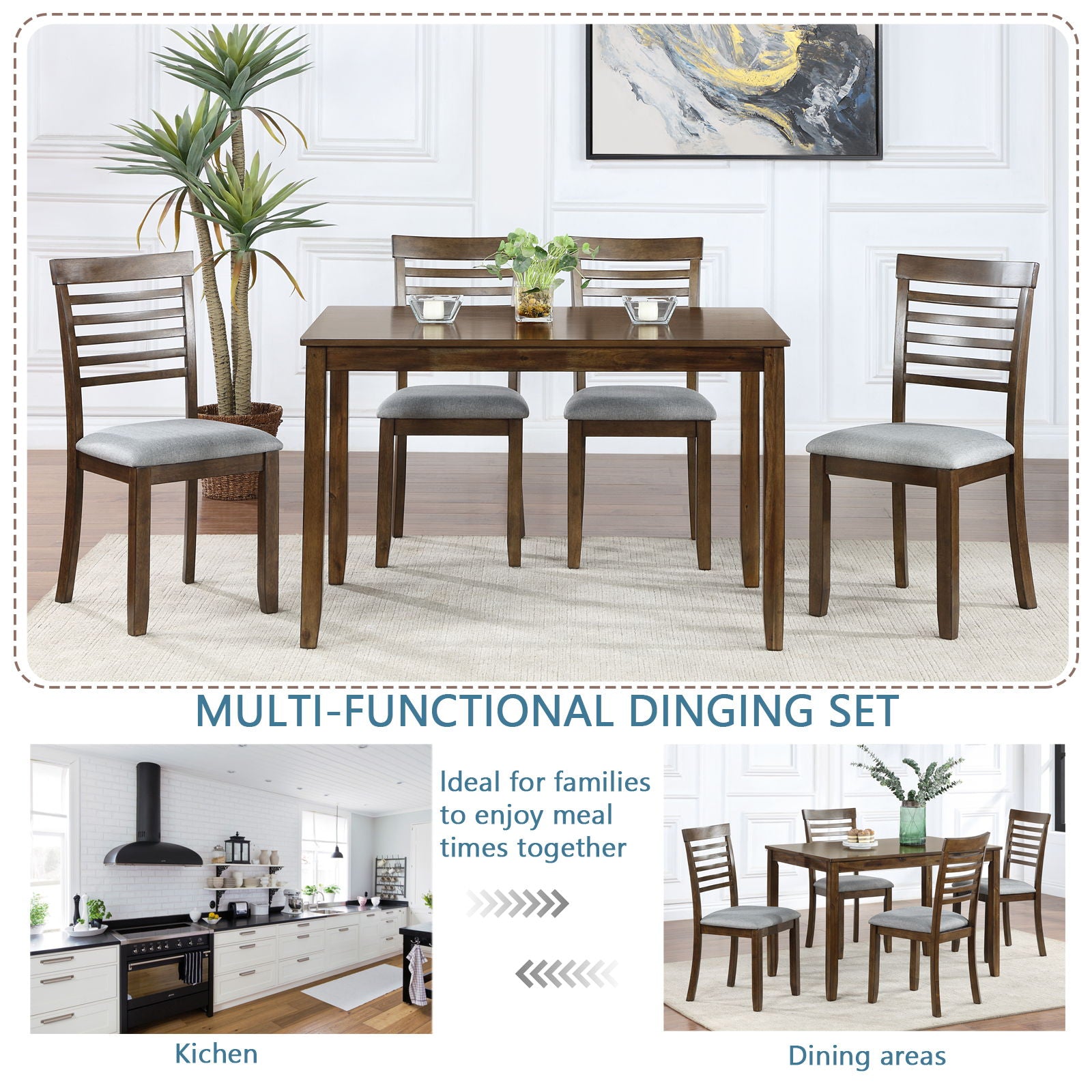 5 Pieces Modern Dining Set, Rectangular Wooden Dining Table With 4 Upholstered Chairs