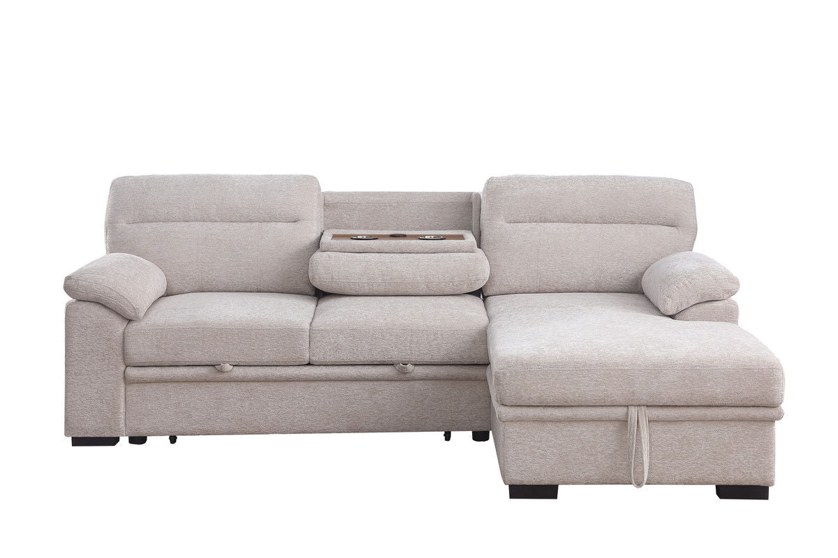 Kipling II 94"W Beige Chenille Fabric Sleeper Sectional Sofa with Right-Facing Chaise, Cupholders, USB Charging port