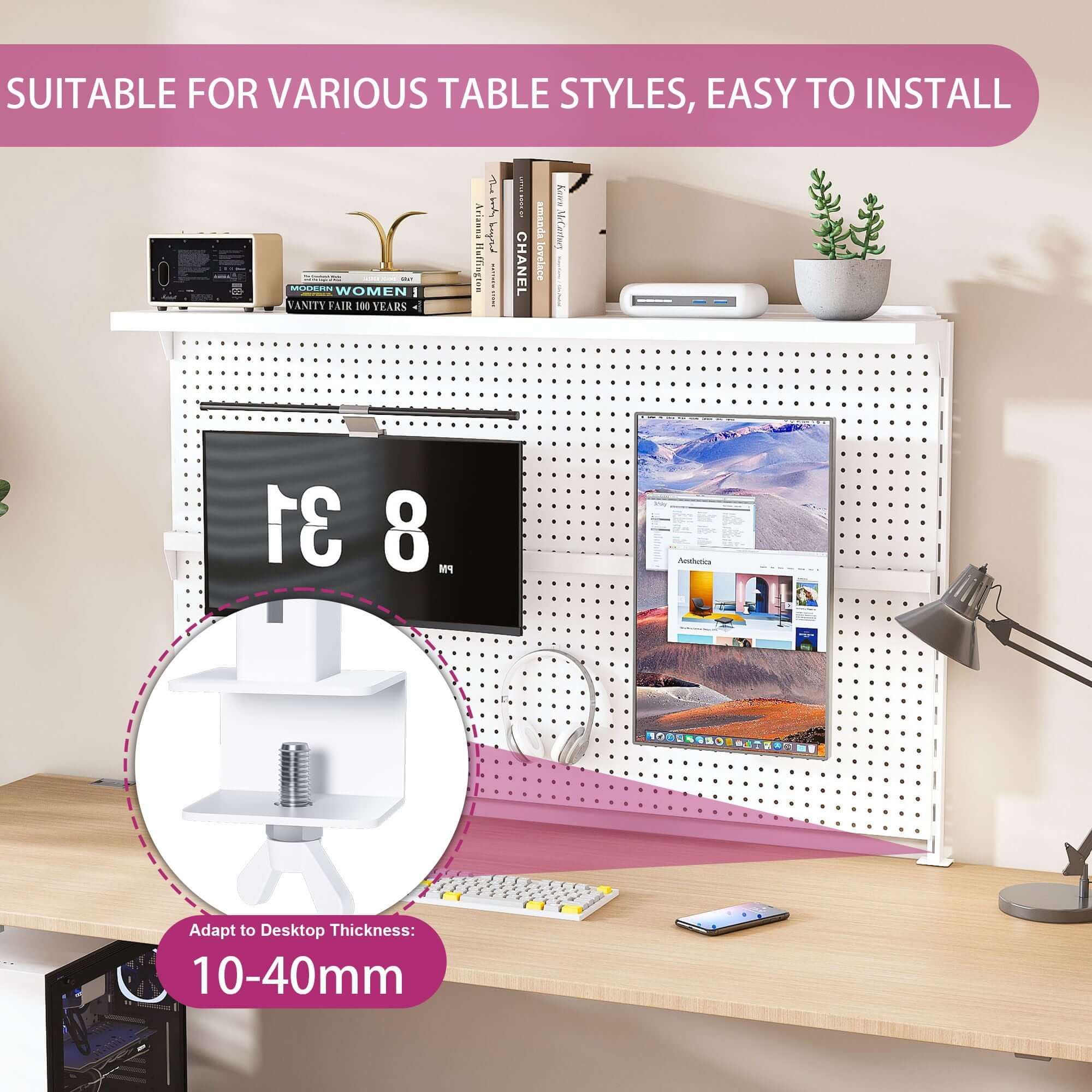 Clamp On Desk Pegboard With Single Monitor Stand