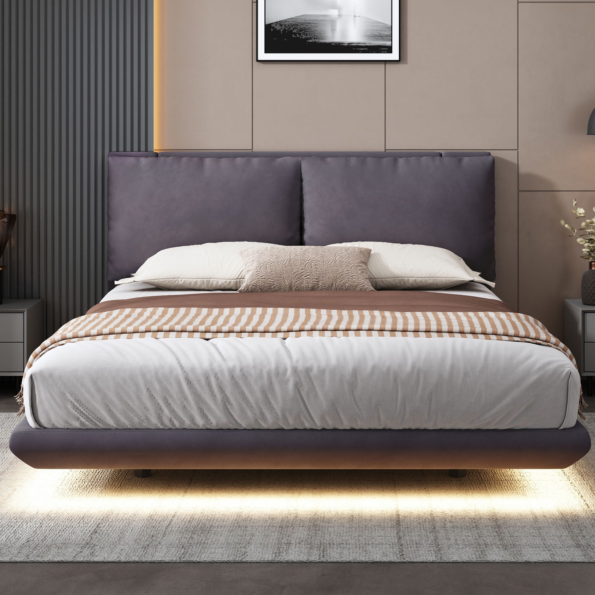 Upholstered Platform Bed With Sensor Light And 2 Large Backrests, With 2 Sets Of USB Port And Socket On Each Rear Bed Leg