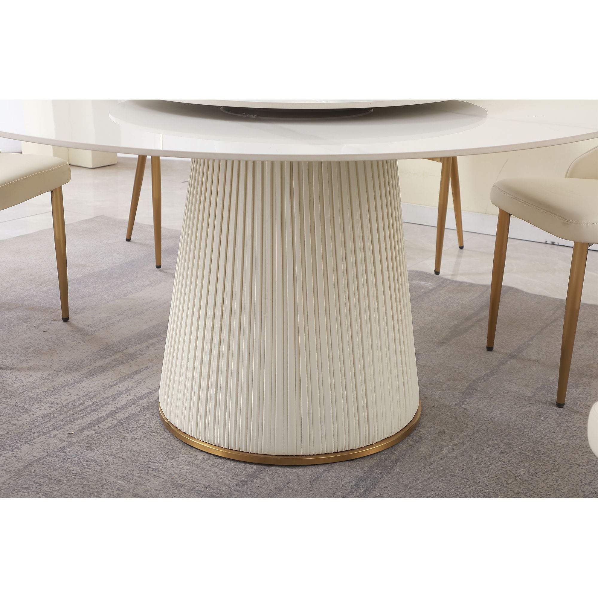 Modern Sintered Stone Dining Table With Turntable And Wood Metal Pedestal With 4 Chairs - Beige / White