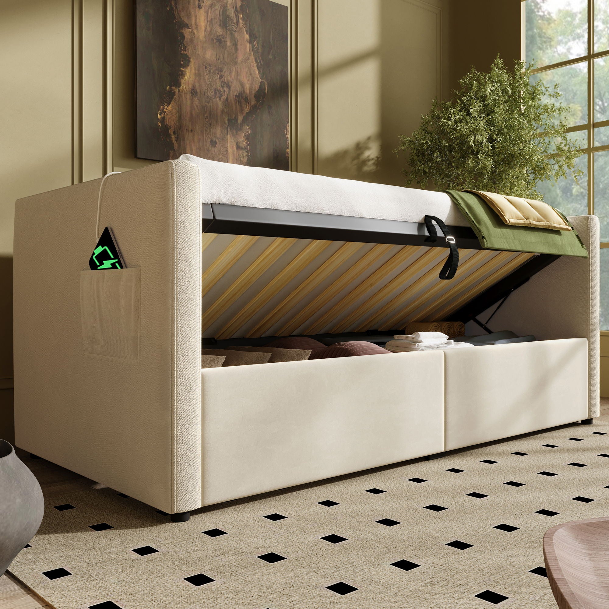 Upholstered Hydraulic Storage Daybed With USB & Type C Charging