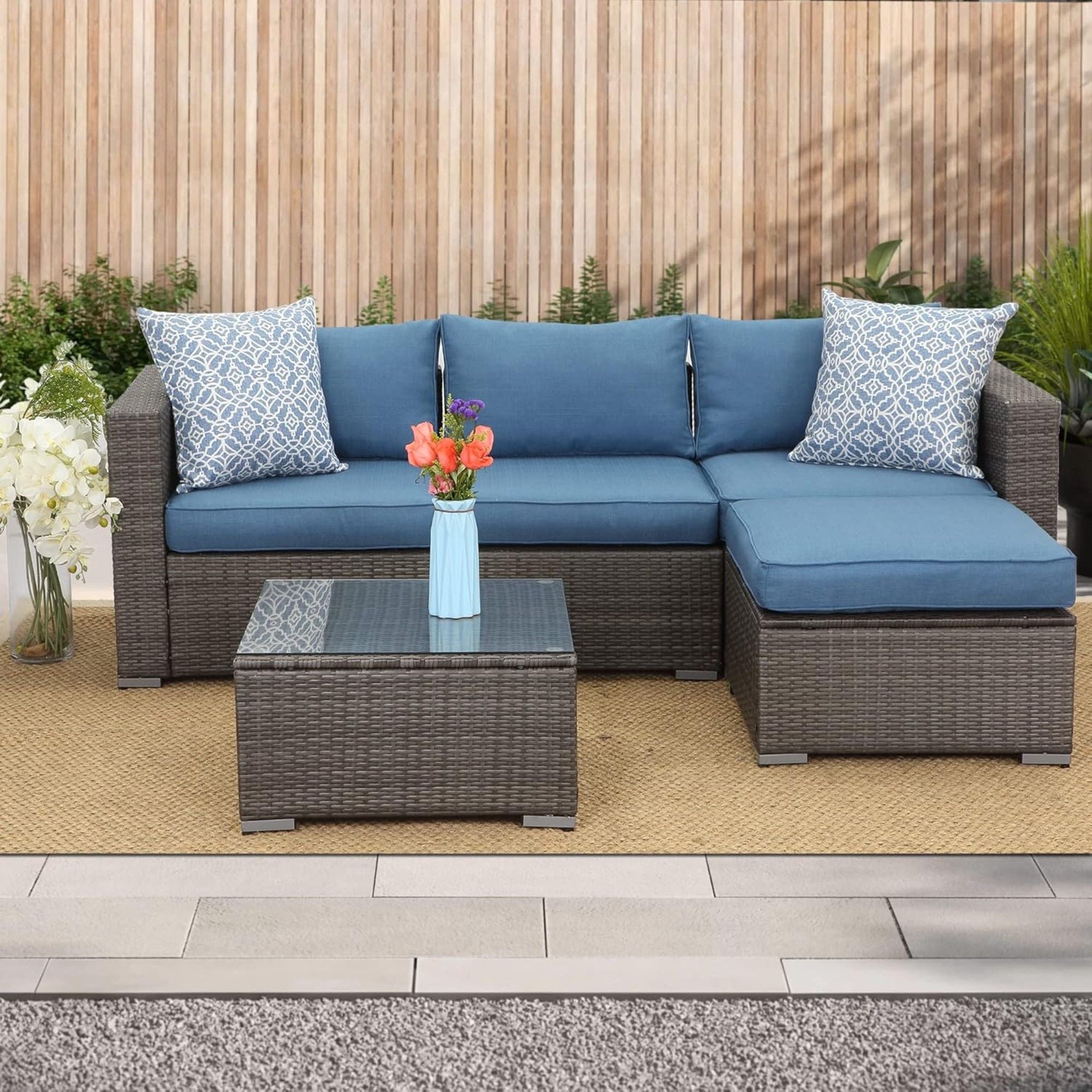 Armless Patio Sofa Set, With UV Resistant Frame And Waterproof Cushions - Blue / Brown