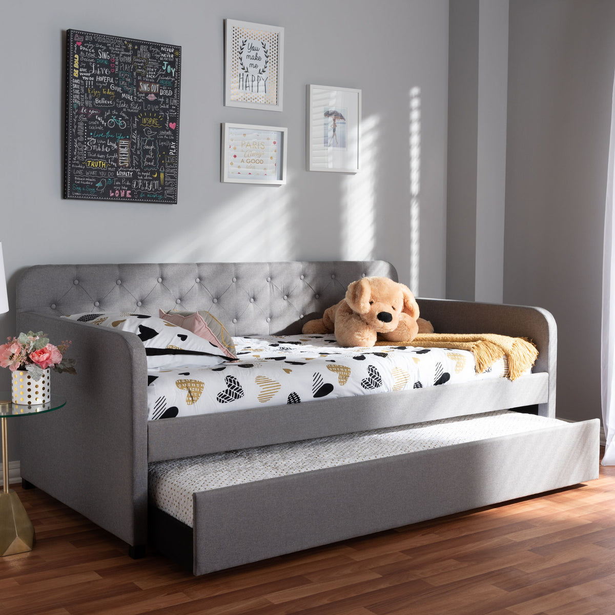 Camelia Modern and Contemporary Grey Fabric Upholstered Button-Tufted Twin Size Sofa Daybed with Roll-Out Trundle Guest Bed