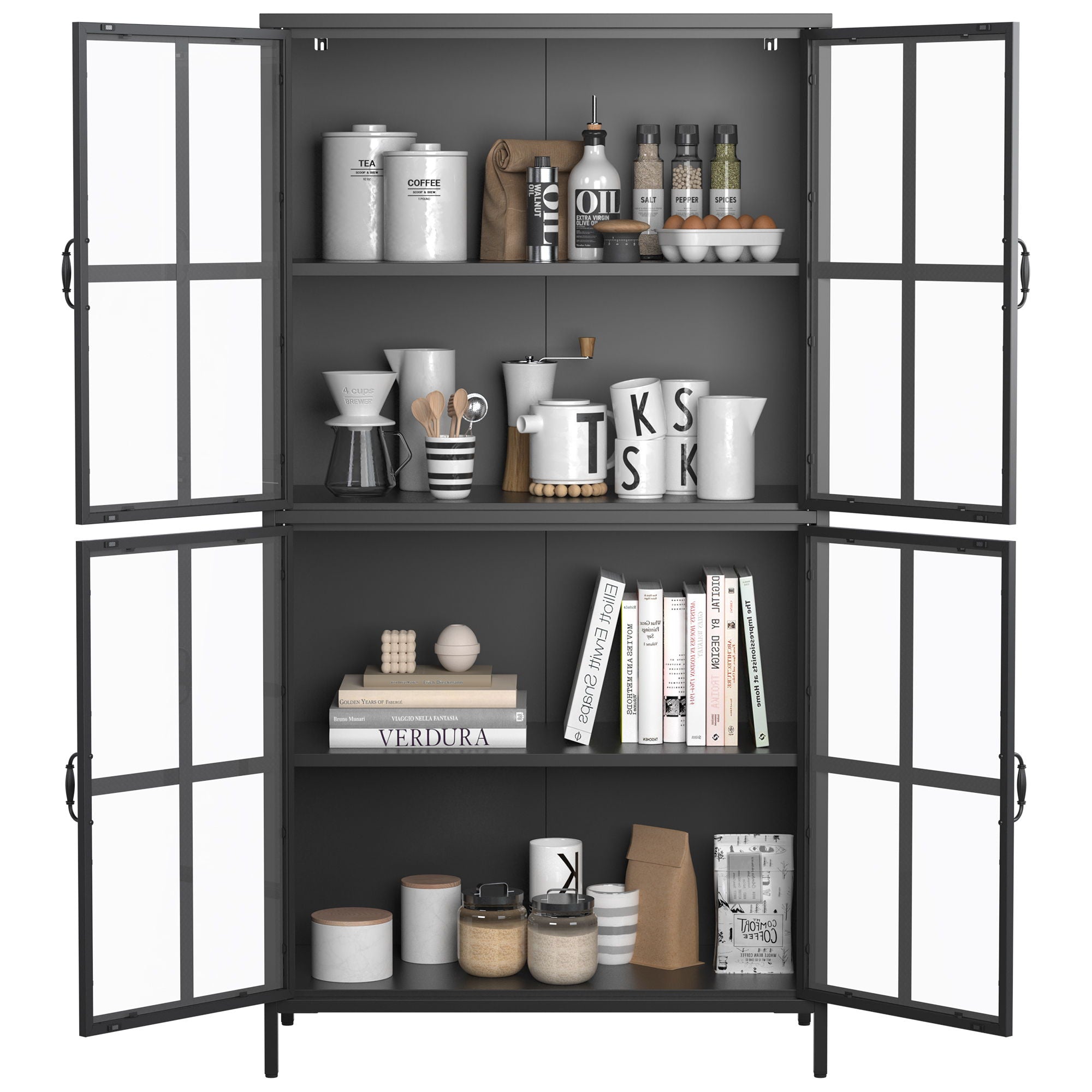 Premium Metal Storage Cabinet With Tempered Glass Doors, Adjustable Shelves, And Anti Tipping Device - Black
