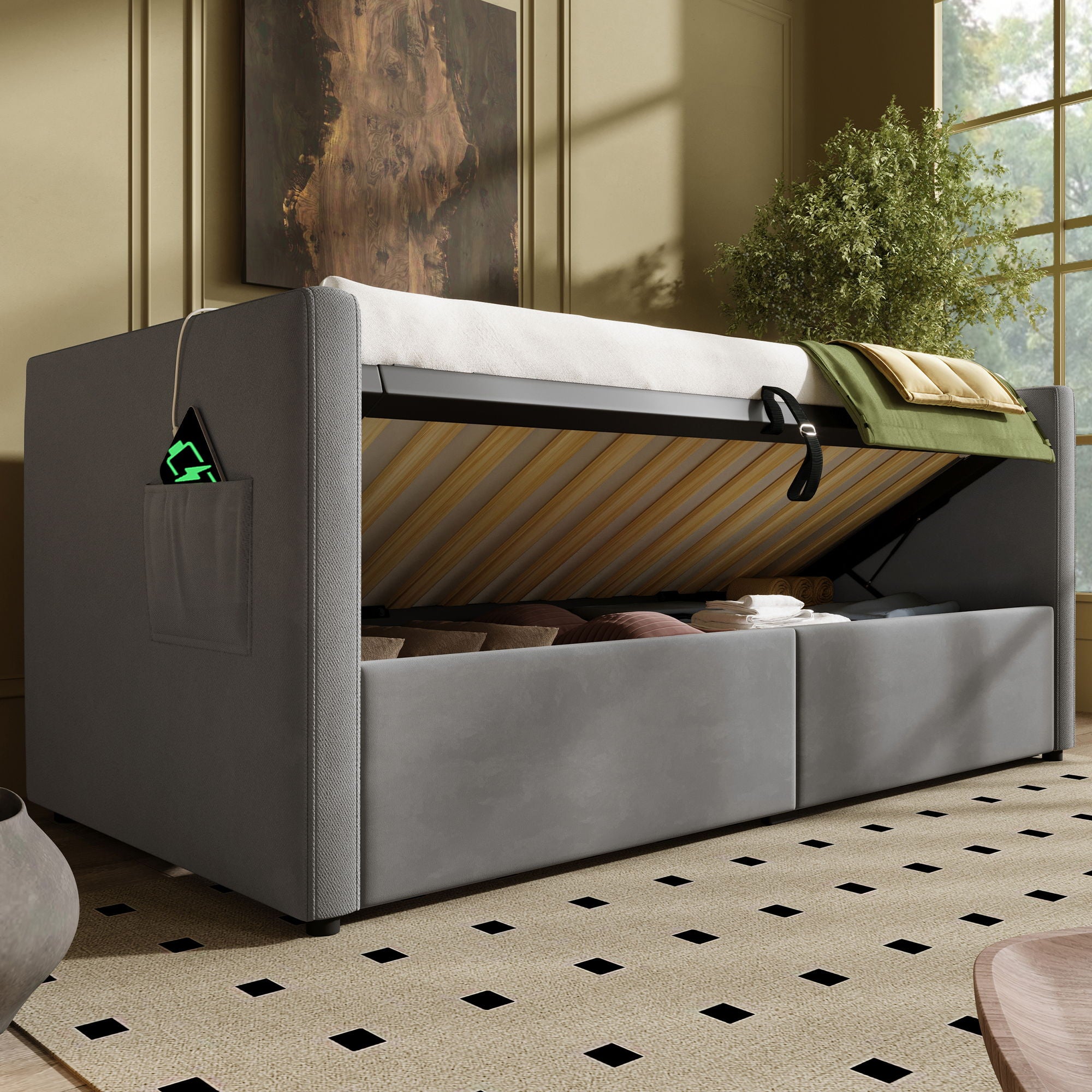 Upholstered Hydraulic Storage Daybed With USB & Type C Charging
