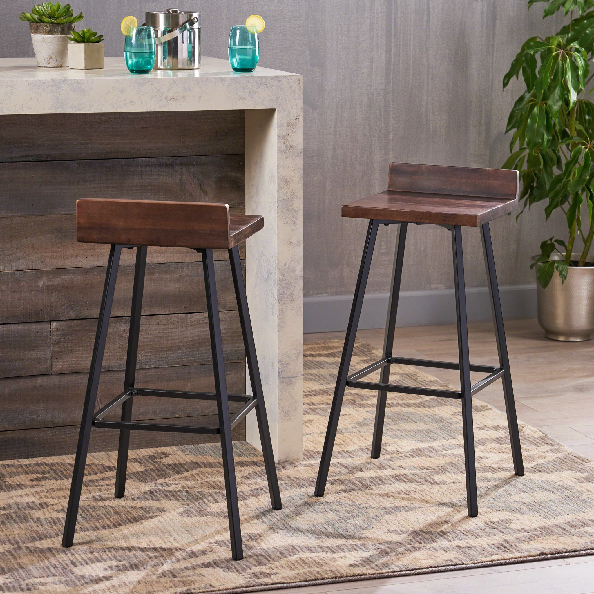 Outdoor Bar Stool With Low Backrests And Wood Seats (Set of 2) - Dark Brown / Black