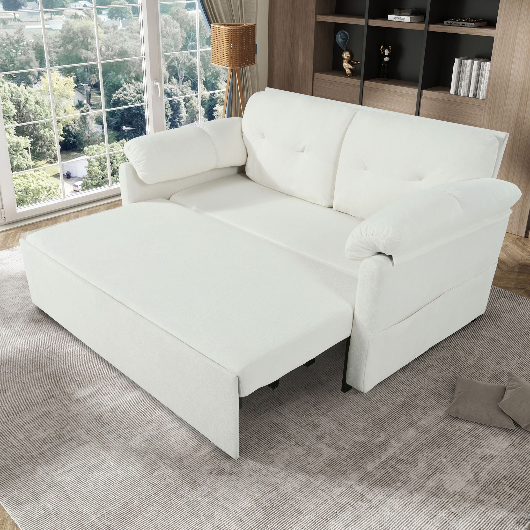 Modern Convertible Sleeper Sofa Bed With Pull-Out Queen Design, Side Storage & Thick Cushions