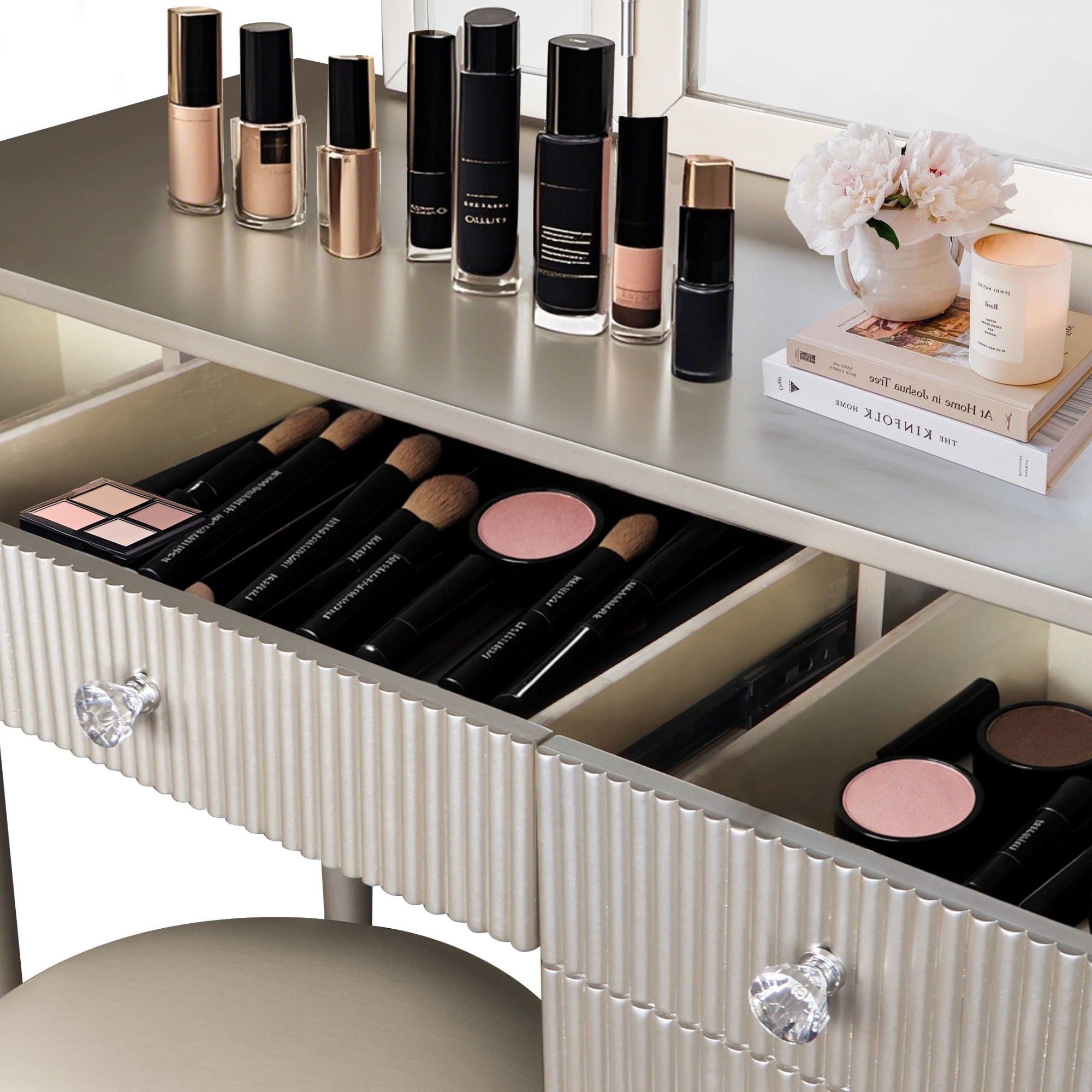 Mirrored Makeup Vanity Table Set With Adjustable Lighting And Storage