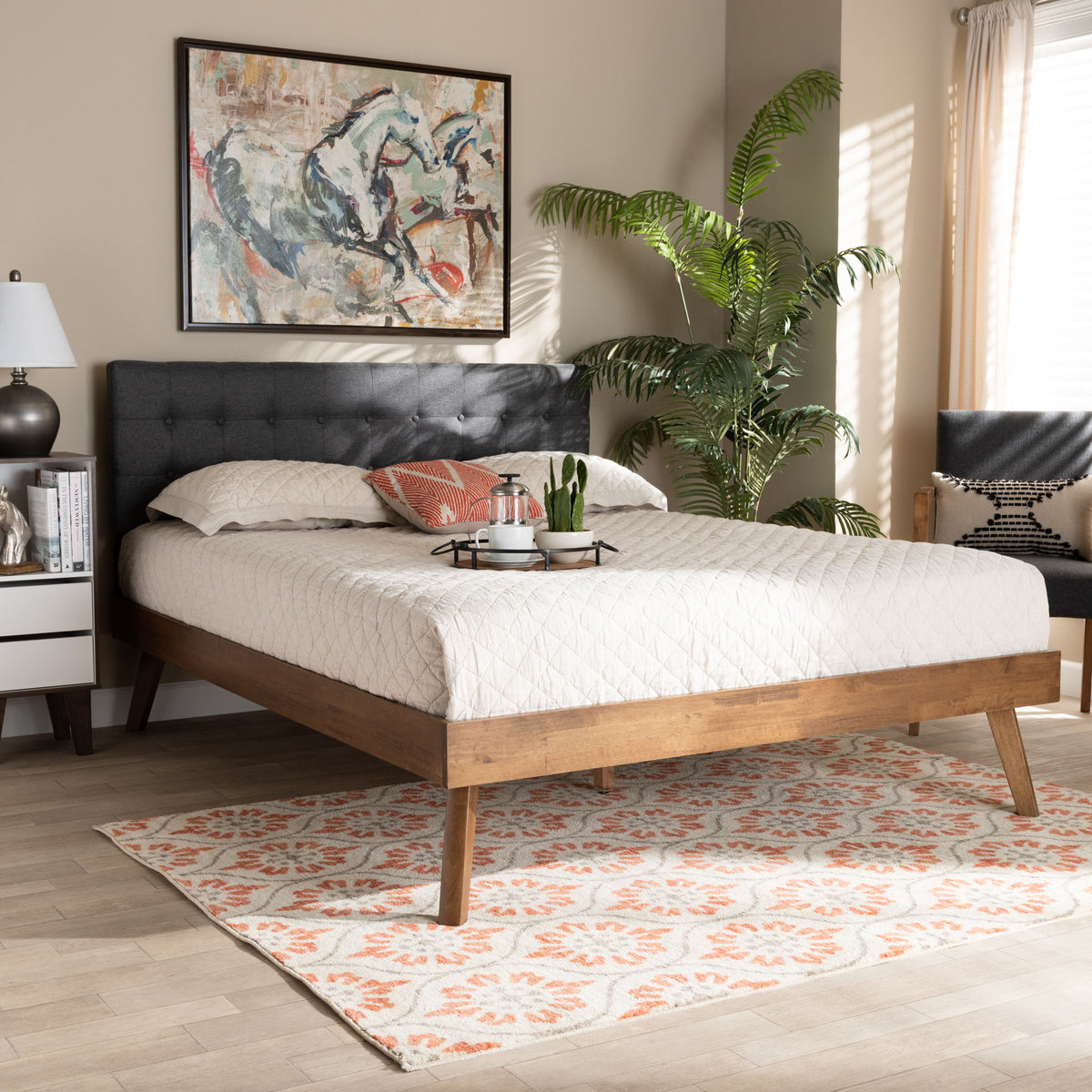 Devan Mid-Century Modern Dark Grey Fabric Upholstered Walnut Brown Finished Wood King Size Platform Bed