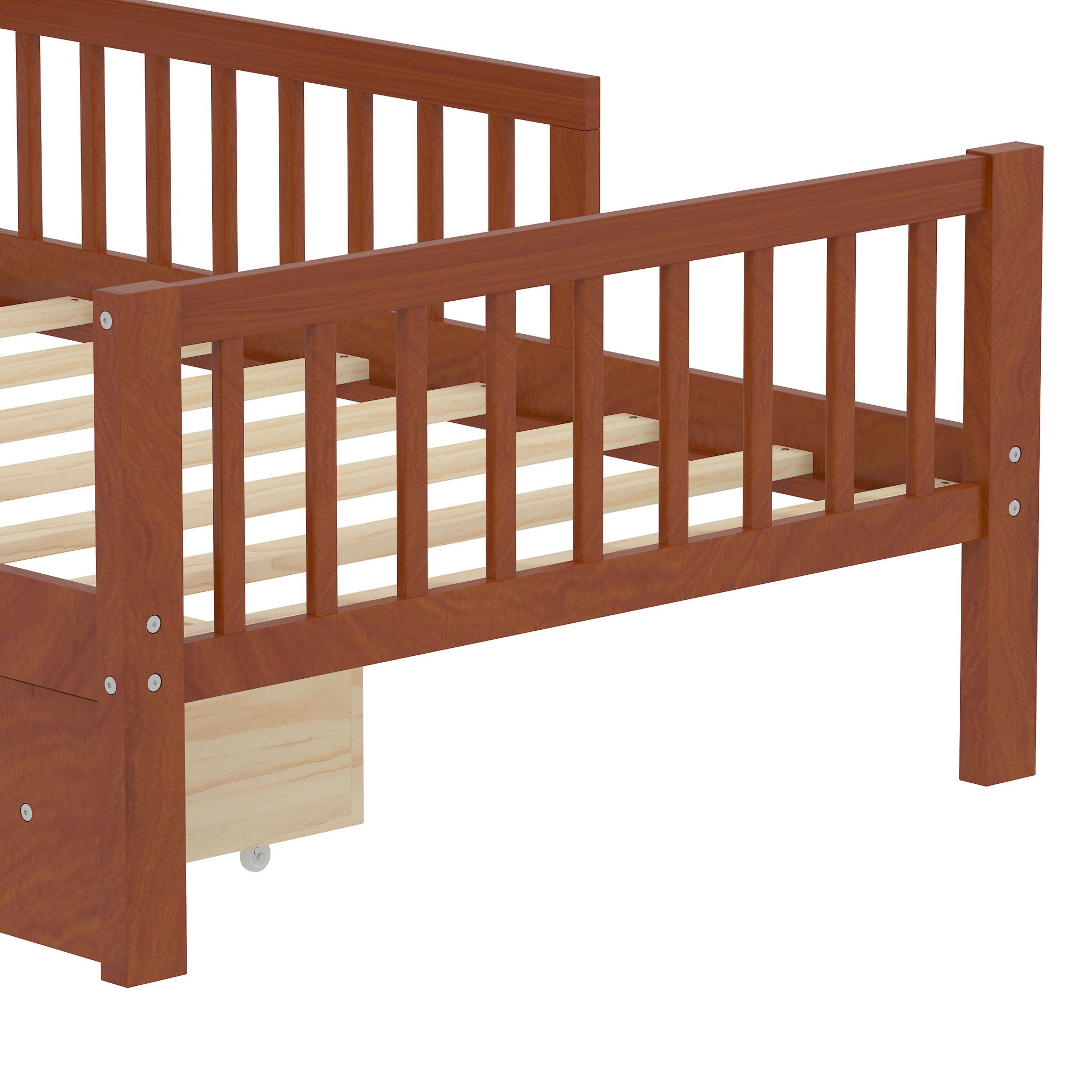 Bed With Headboard Storage Rack, 2 Under Bed Drawers, 3 Side Guardrails For Safety