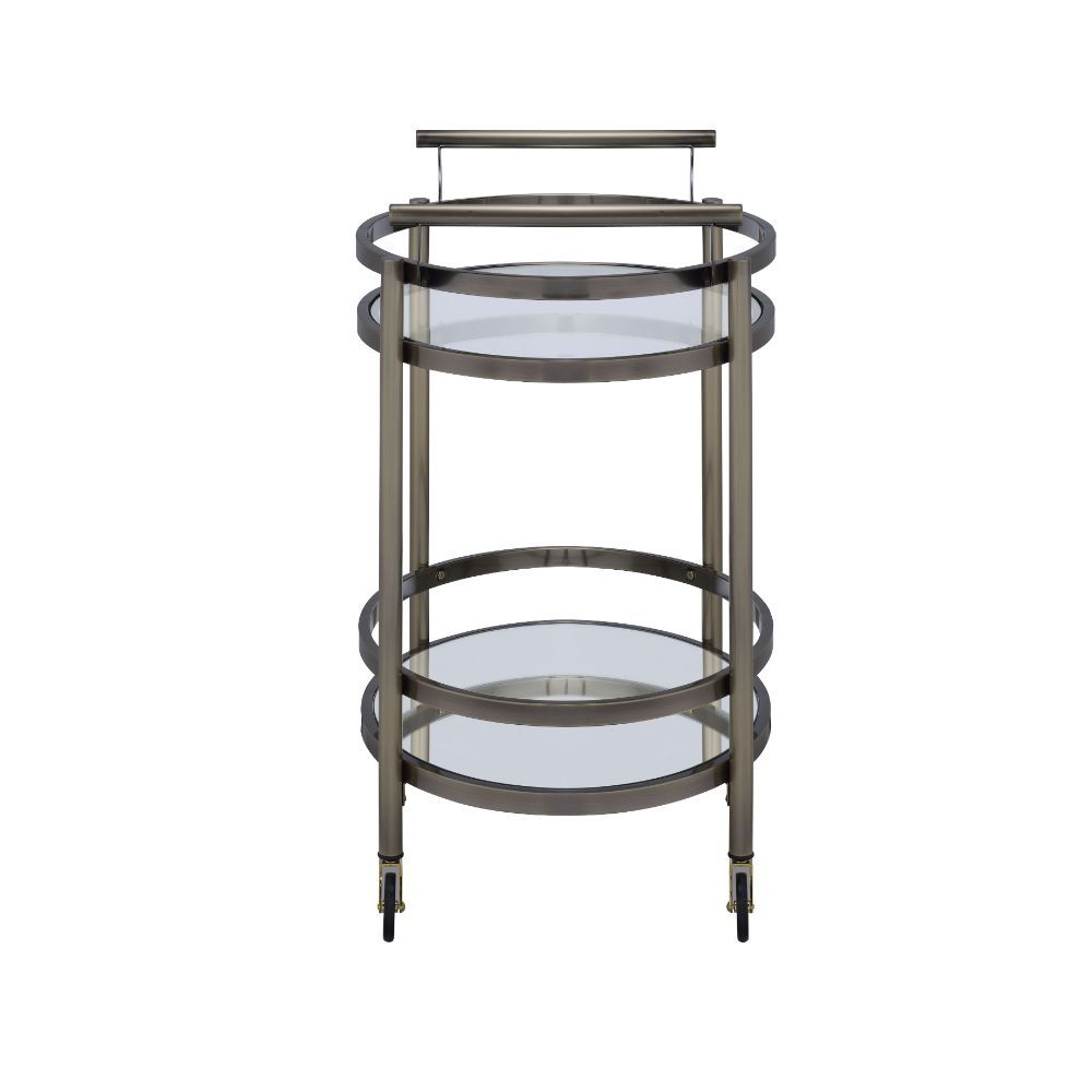 Show off your personality with the Lakelyn serving cart. The clear tempered glass top and mirror bottom are the ideal place for placing your dishes and dining accessories. Roll it where need be on its softer rubber wheels and prepare to entertain.