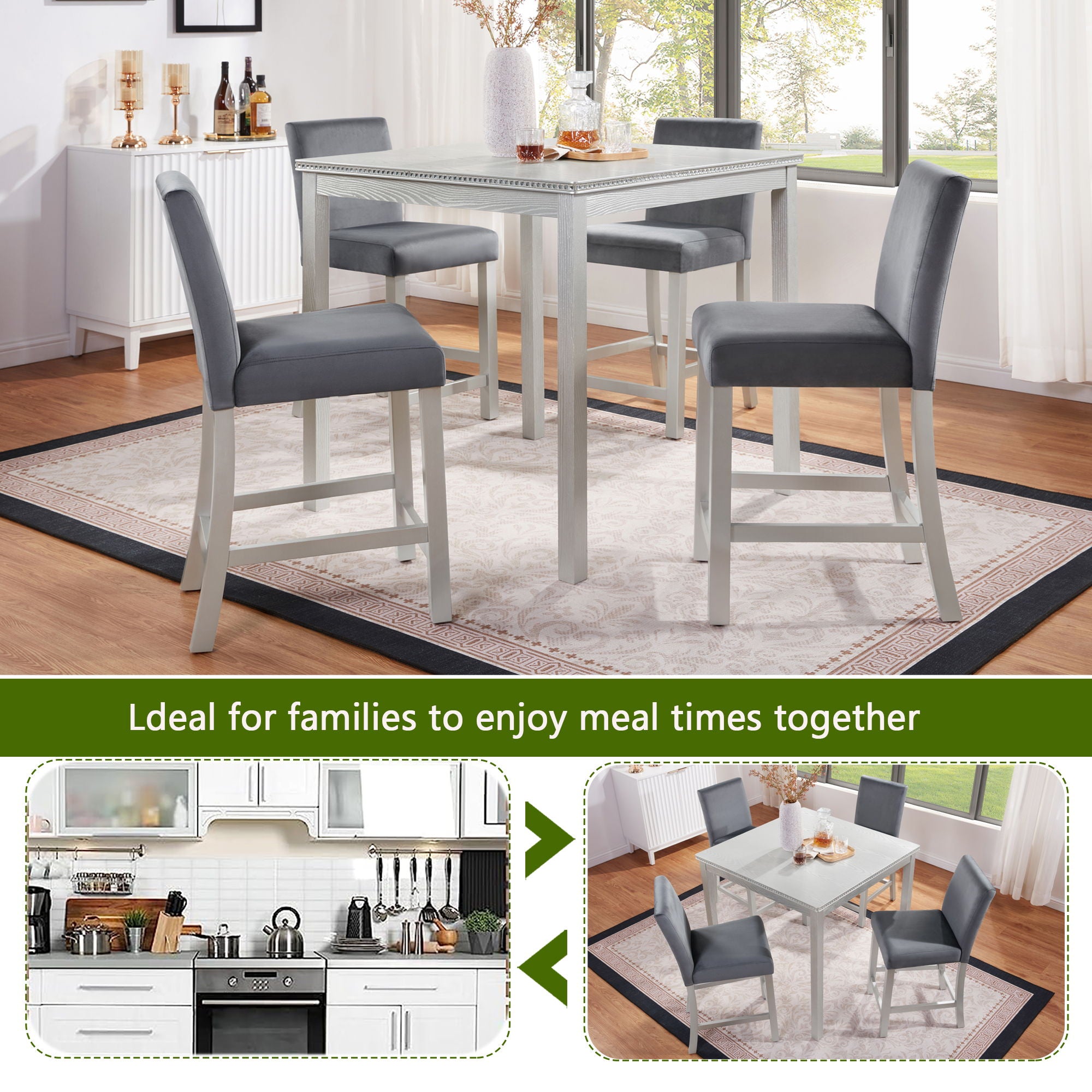 5 Pieces Counter Height Table Set, Kitchen Table With Square Table And 4 Upholstered Chairs
