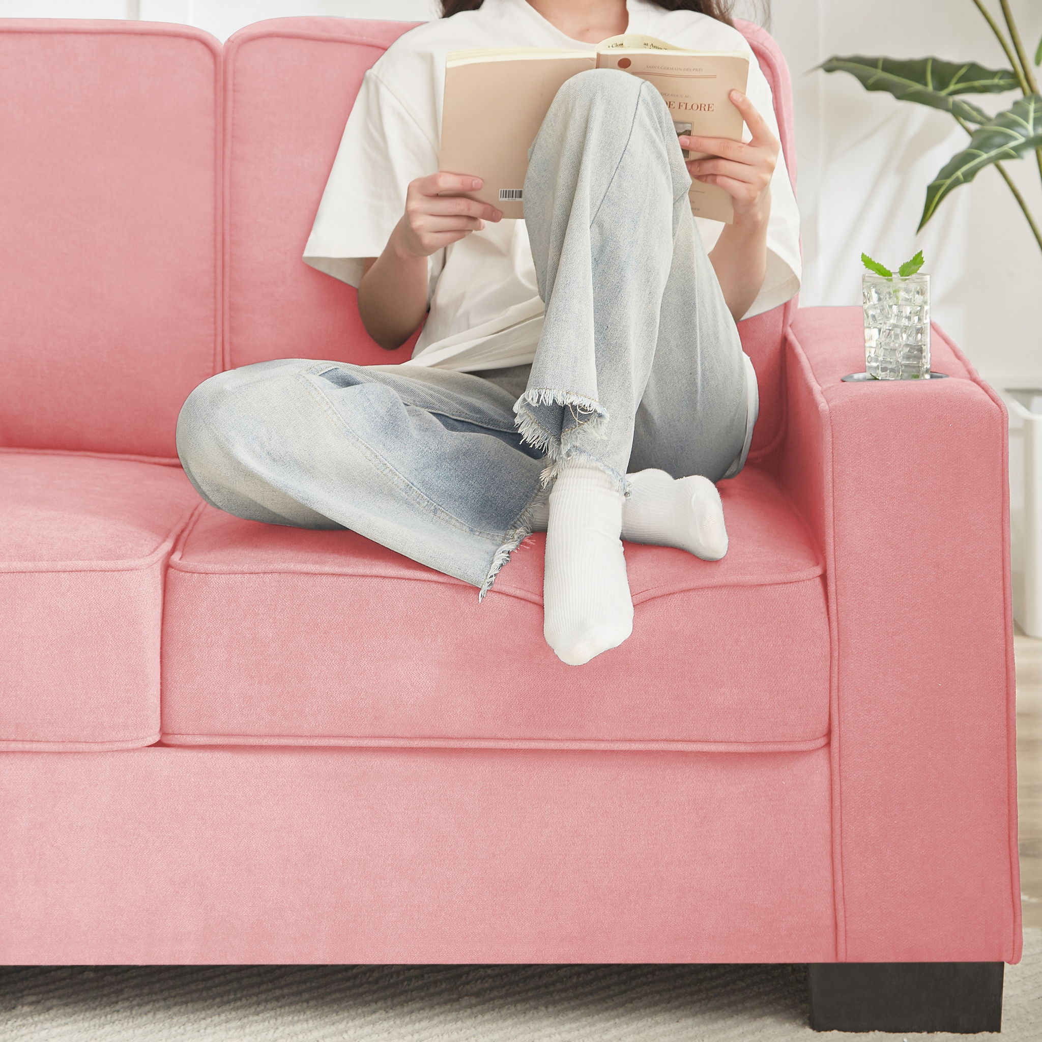 Modern Snowfleece Fabric 3 Seater Sofa With Cup Holder